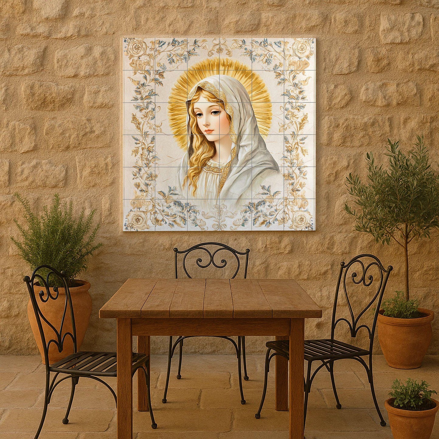 Ceramic wall mural of the Virgin Mary with a golden halo and floral ornaments, sacred religious tile art, handmade Catholic spiritual decoration