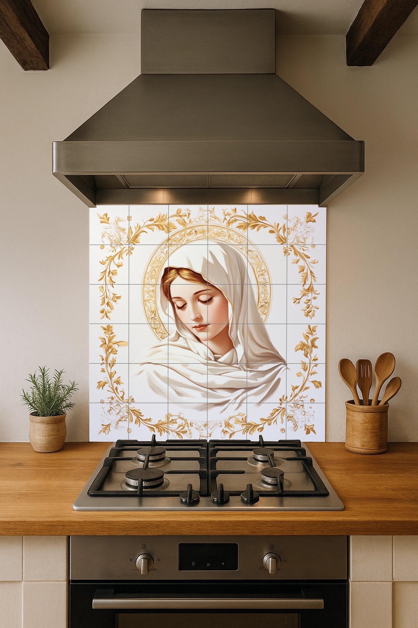 Ceramic wall mural of the Virgin Mary with a golden halo and floral ornaments, sacred religious tile art, handmade Christian spiritual decoration