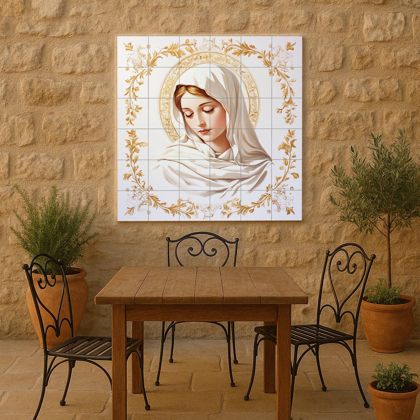 Ceramic wall mural of the Virgin Mary with a golden halo and floral ornaments, sacred religious tile art, handmade Christian spiritual decoration