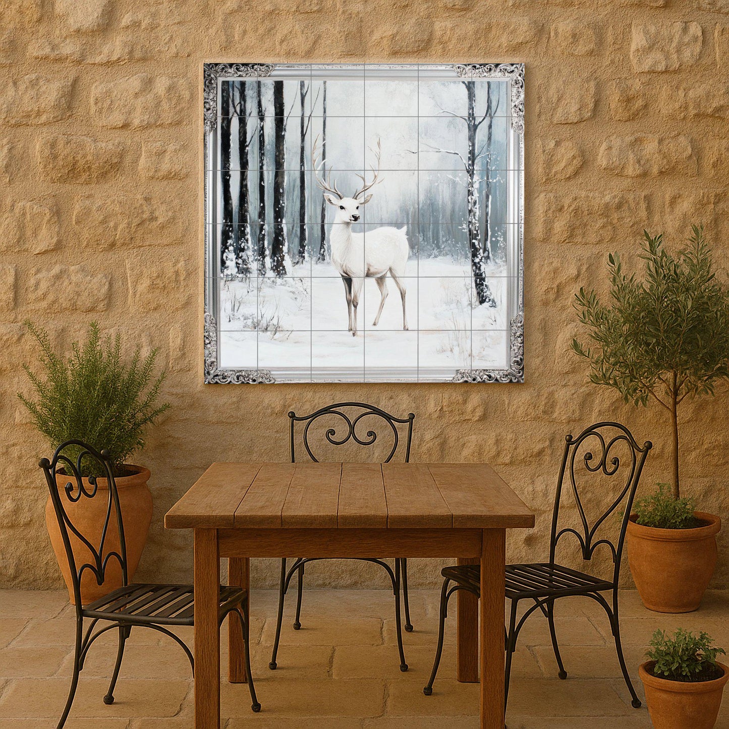 White deer ceramic wall mural with snowy forest scene and ornate silver border, winter wildlife tile art, handmade forest decor