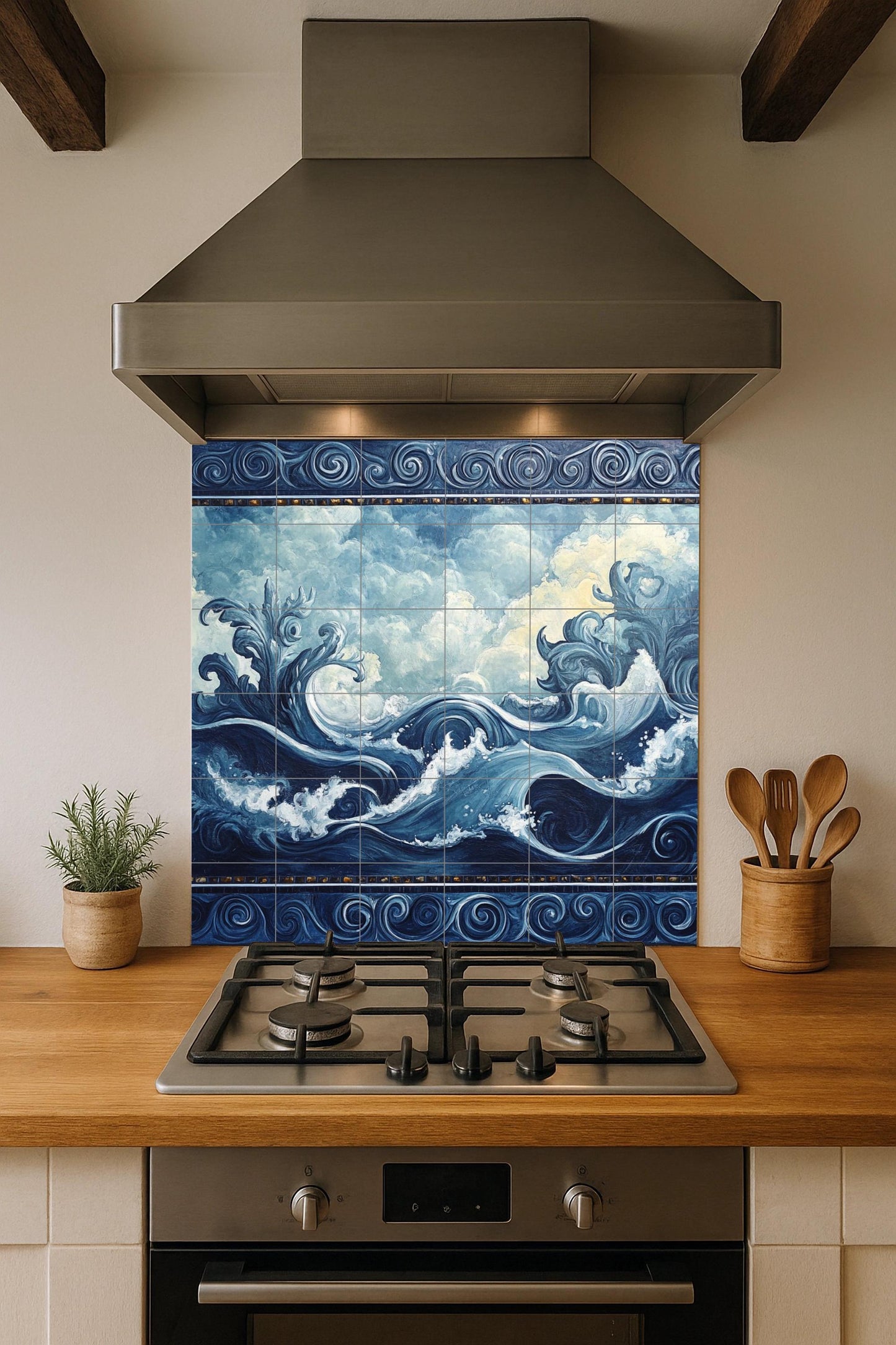 Ceramic wall mural with ocean waves and swirling clouds and sea design, nautical tile art with ornamental border, handmade coastal decor