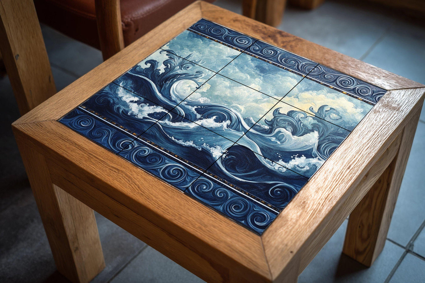 Ceramic wall mural with ocean waves and swirling clouds and sea design, nautical tile art with ornamental border, handmade coastal decor