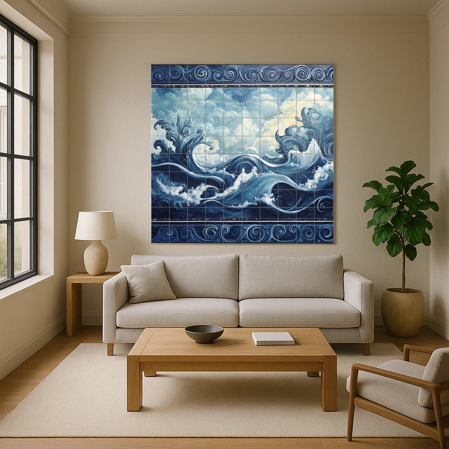 Ceramic wall mural with ocean waves and swirling clouds and sea design, nautical tile art with ornamental border, handmade coastal decor