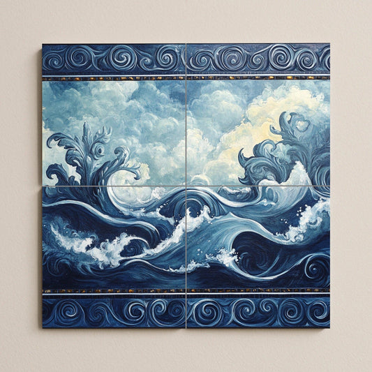 Ceramic wall mural with ocean waves and swirling clouds and sea design, nautical tile art with ornamental border, handmade coastal decor