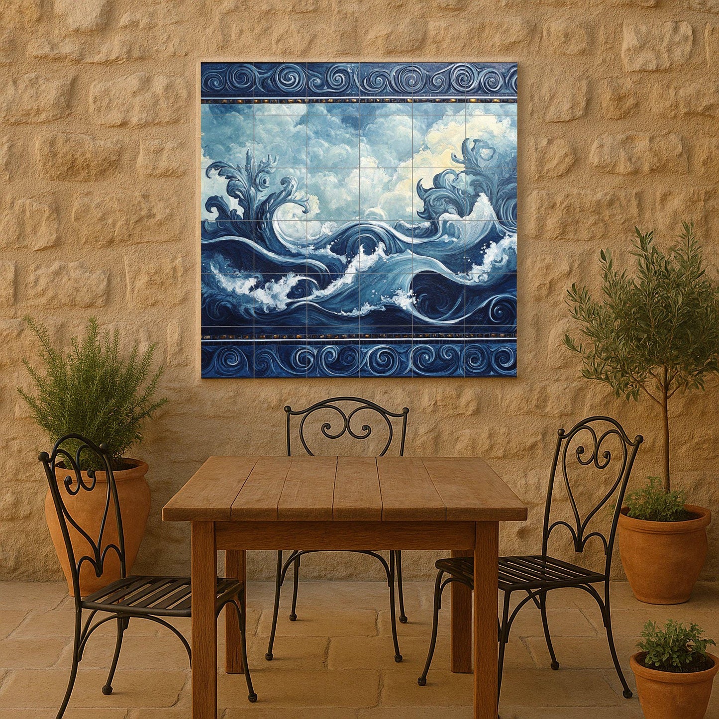 Ceramic wall mural with ocean waves and swirling clouds and sea design, nautical tile art with ornamental border, handmade coastal decor
