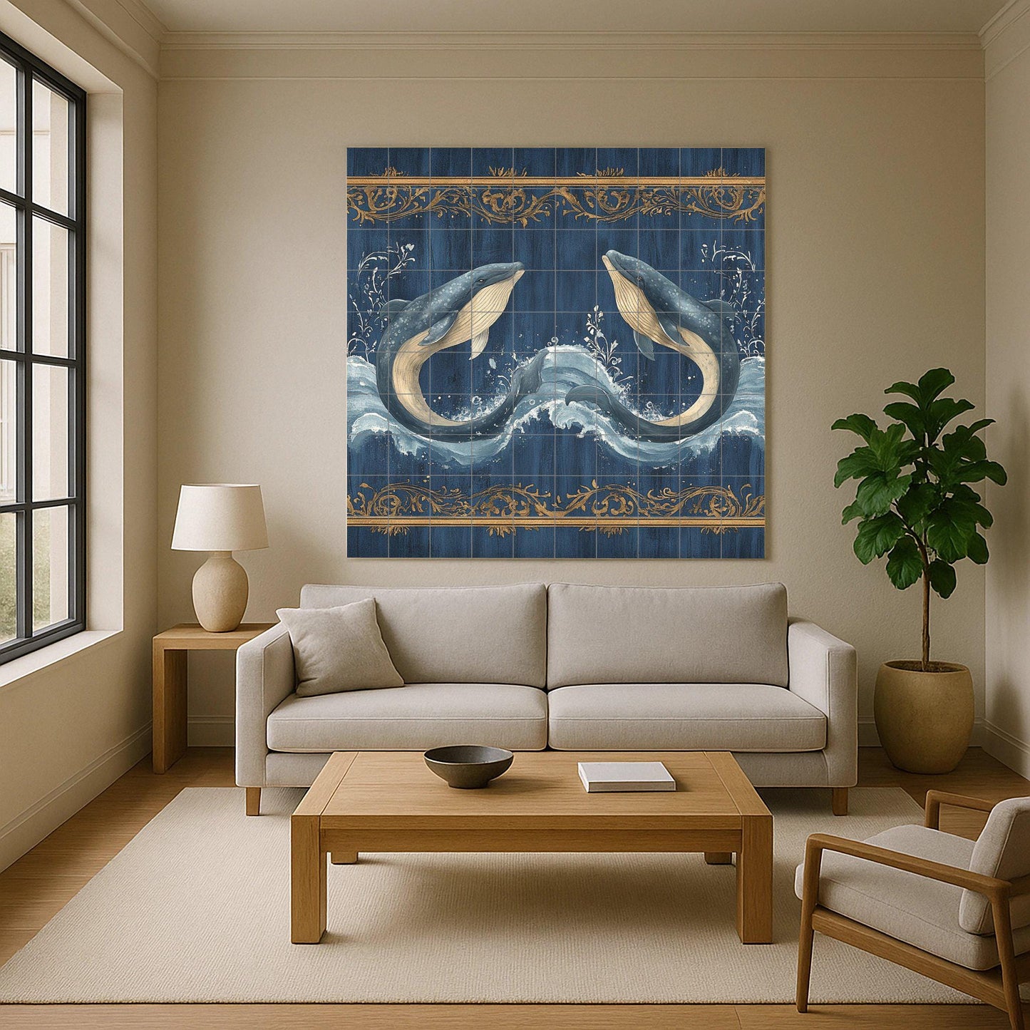 Blue whale ceramic wall mural with ocean waves and gold ornamental border, marine life tile art, handmade nautical coastal decor