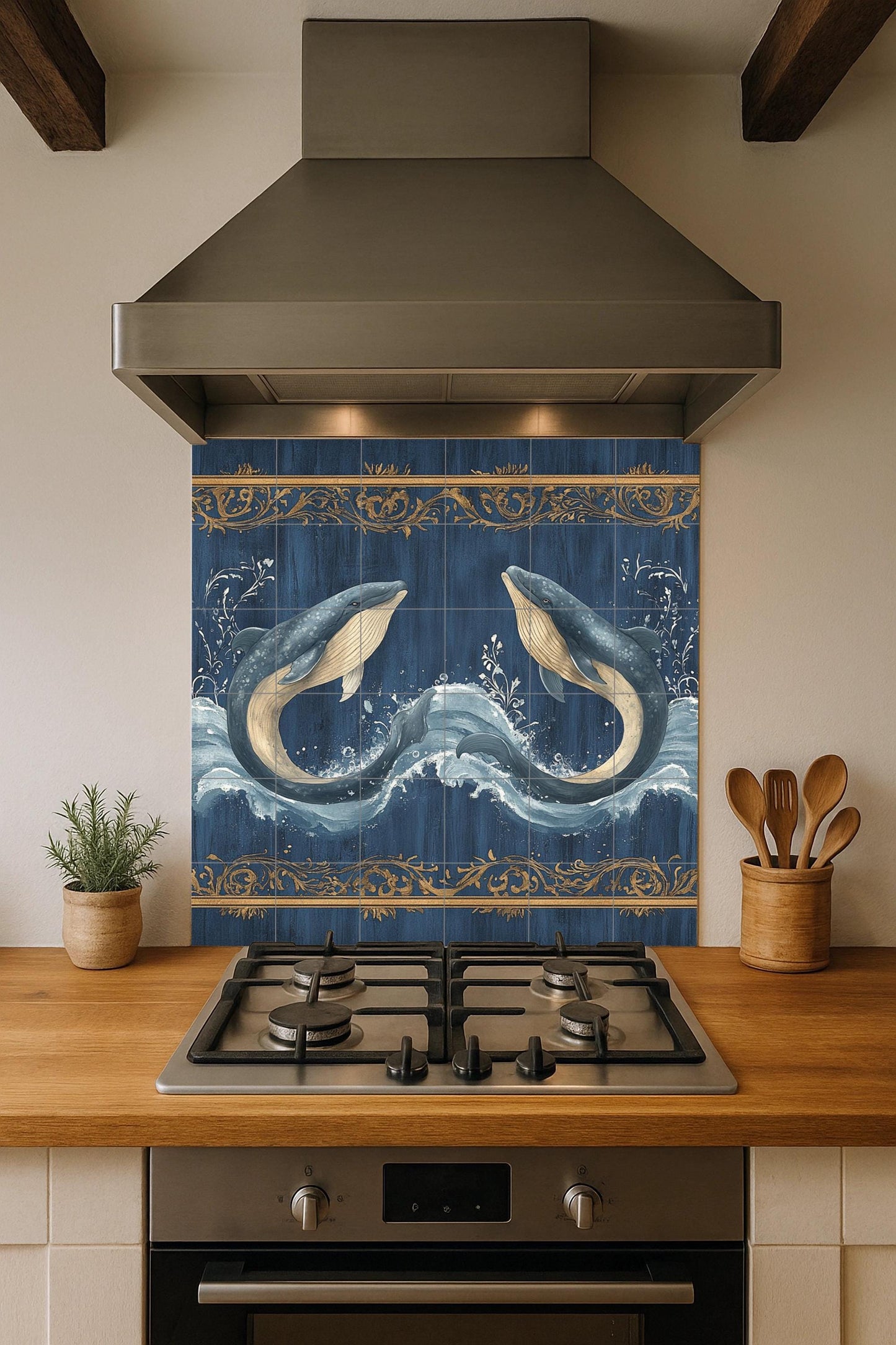 Blue whale ceramic wall mural with ocean waves and gold ornamental border, marine life tile art, handmade nautical coastal decor
