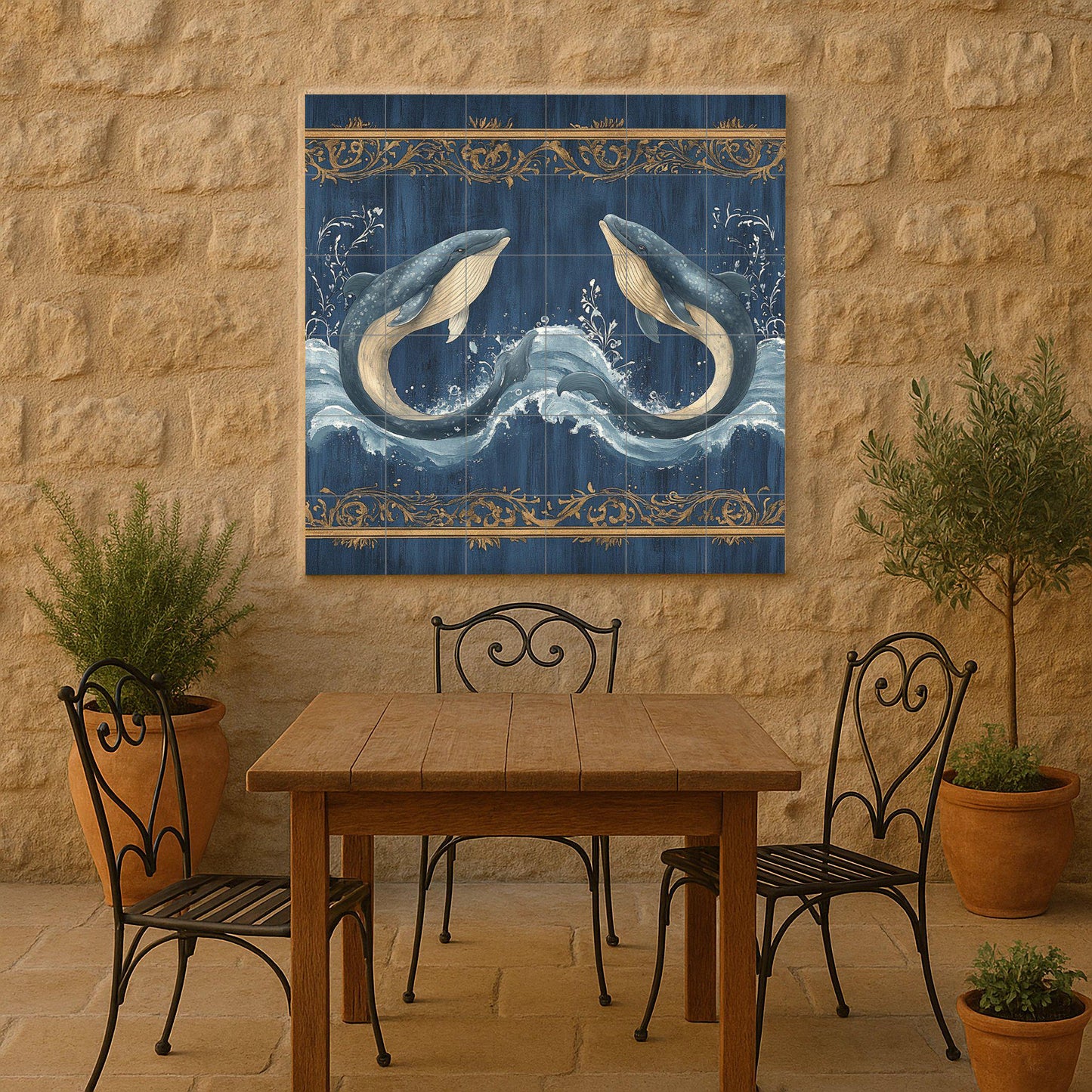 Blue whale ceramic wall mural with ocean waves and gold ornamental border, marine life tile art, handmade nautical coastal decor