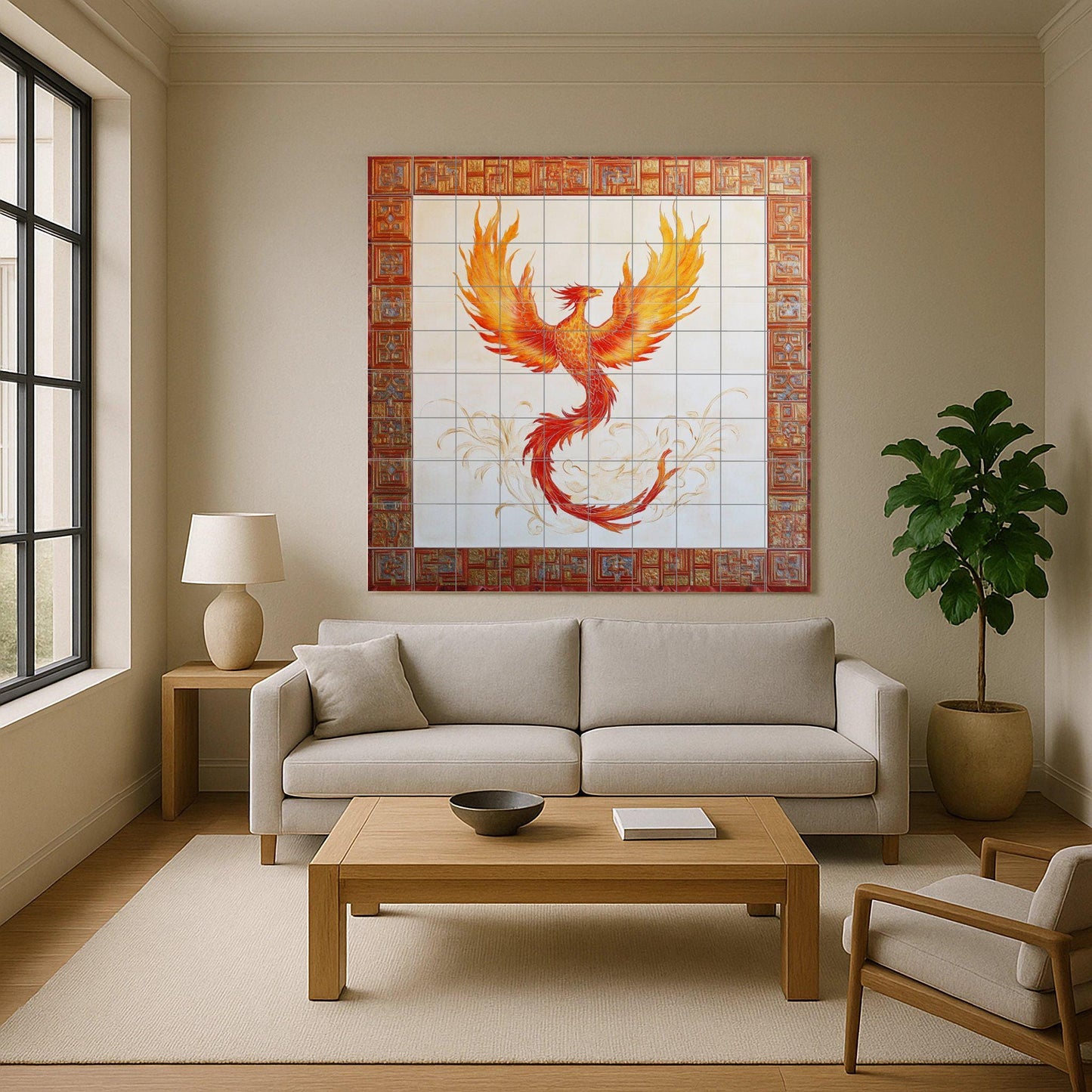 Ceramic wall mural of a phoenix with a fiery mythological bird and red ornamental border, legendary renaissance tile art, handmade cultural decoration