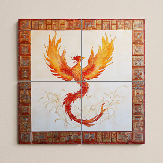 Ceramic wall mural of a phoenix with a fiery mythological bird and red ornamental border, legendary renaissance tile art, handmade cultural decoration