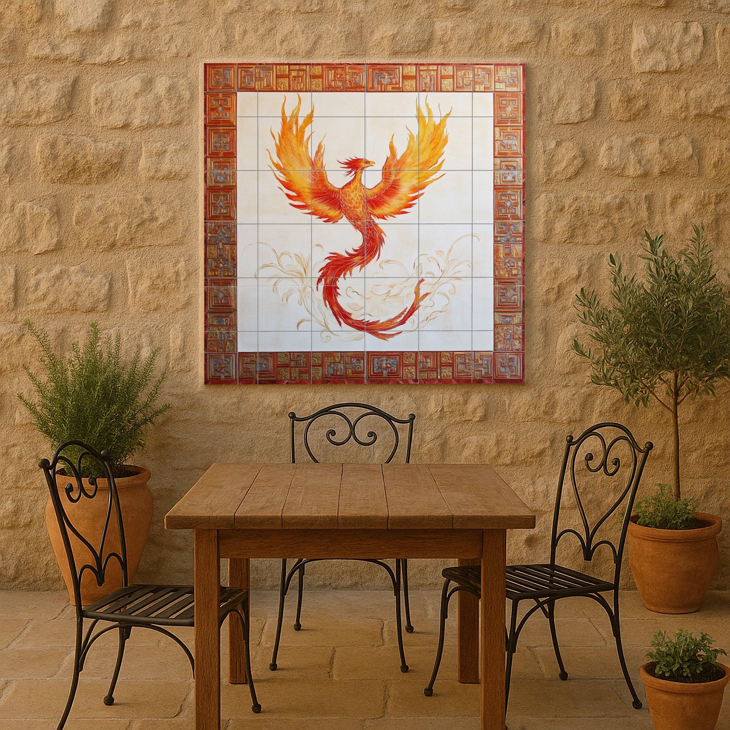 Ceramic wall mural of a phoenix with a fiery mythological bird and red ornamental border, legendary renaissance tile art, handmade cultural decoration