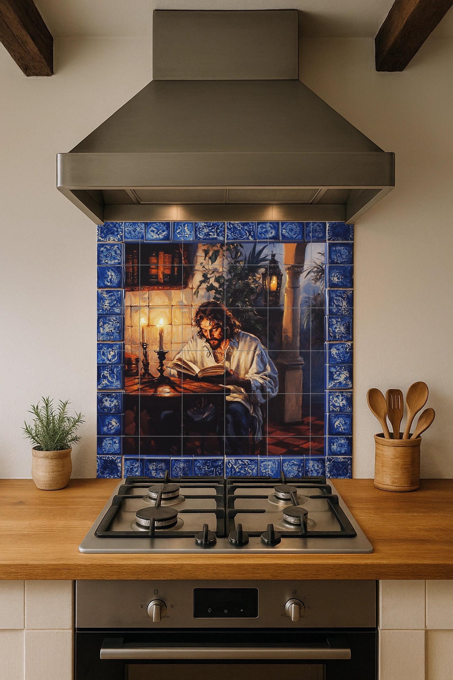 Classic ceramic wall mural featuring a man reading by candlelight, vintage art with a blue tile border, handmade historical literary home decor