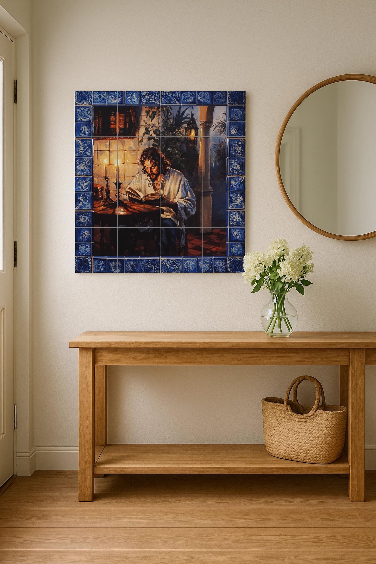 Classic ceramic wall mural featuring a man reading by candlelight, vintage art with a blue tile border, handmade historical literary home decor