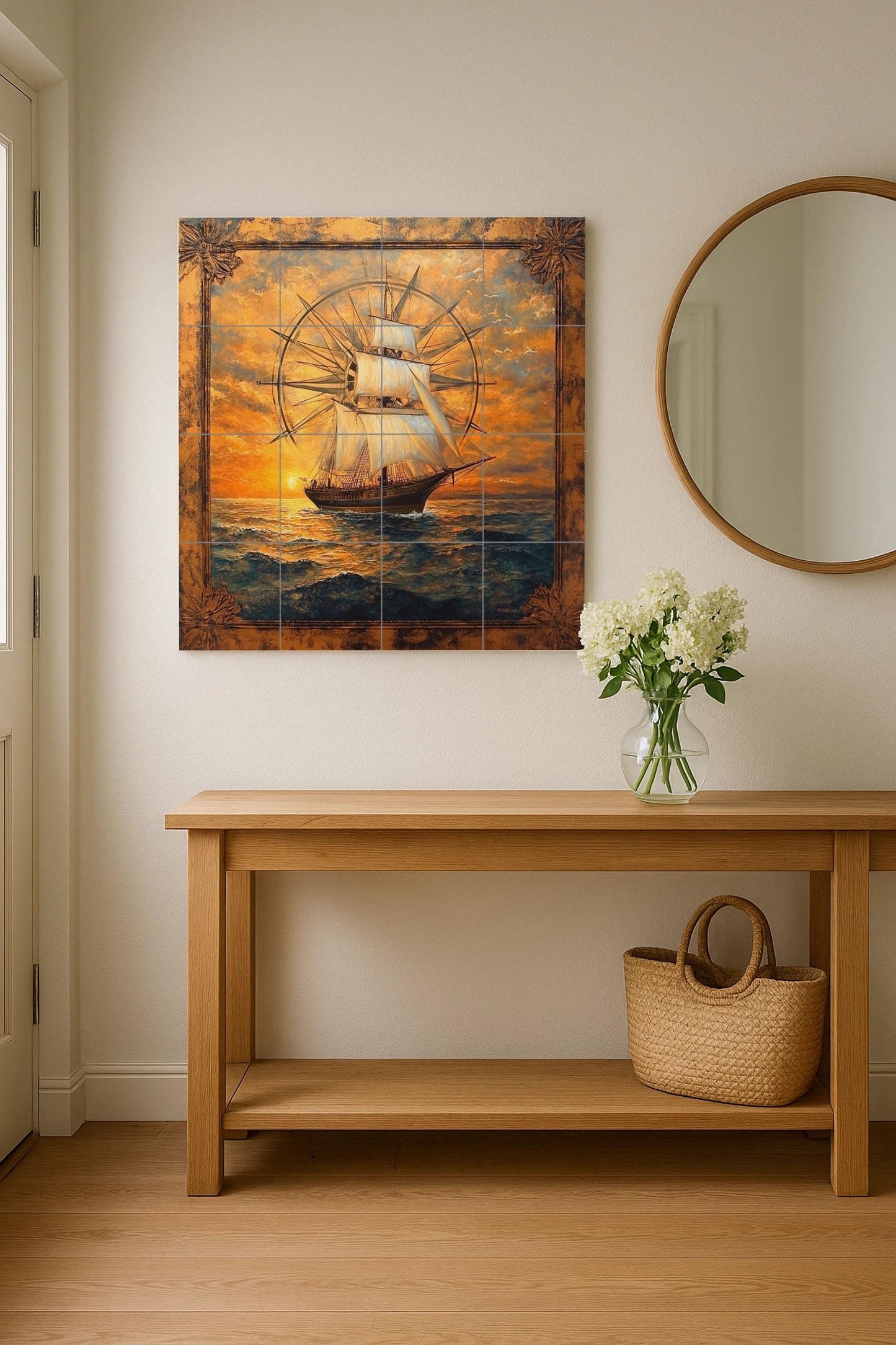 Ceramic wall mural featuring a tall sailboat and compass rose design with ocean waves at golden sunset, nautical sailboat tile art, handmade maritime heritage