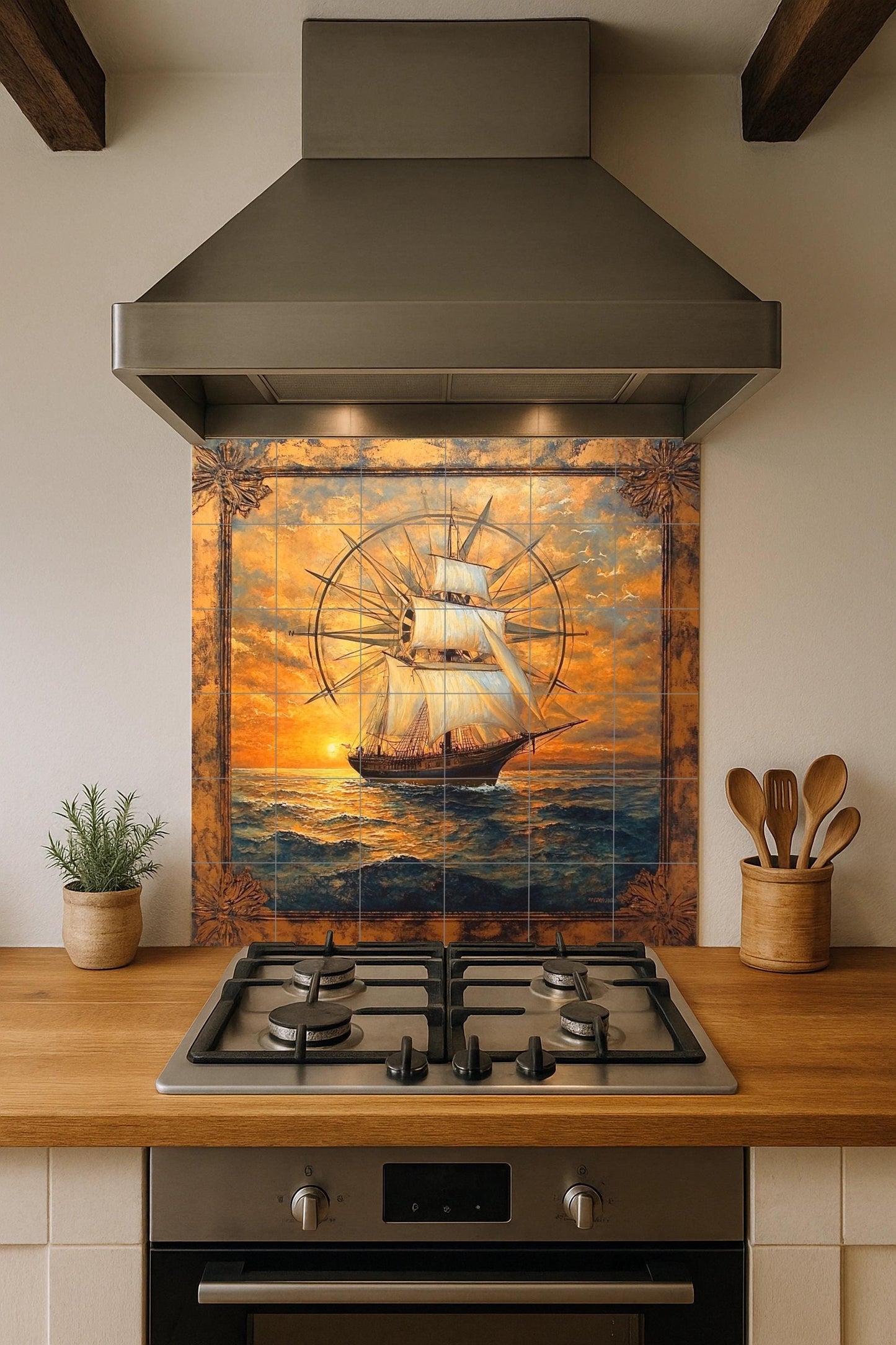 Ceramic wall mural featuring a tall sailboat and compass rose design with ocean waves at golden sunset, nautical sailboat tile art, handmade maritime heritage