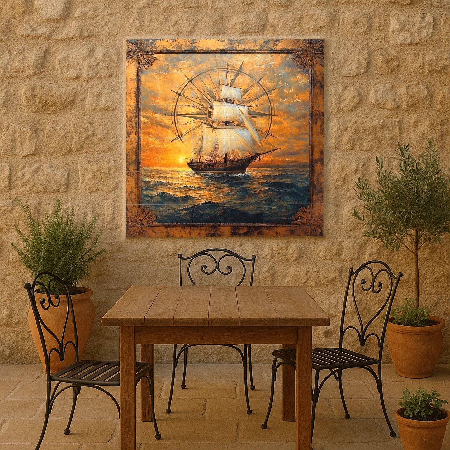 Ceramic wall mural featuring a tall sailboat and compass rose design with ocean waves at golden sunset, nautical sailboat tile art, handmade maritime heritage