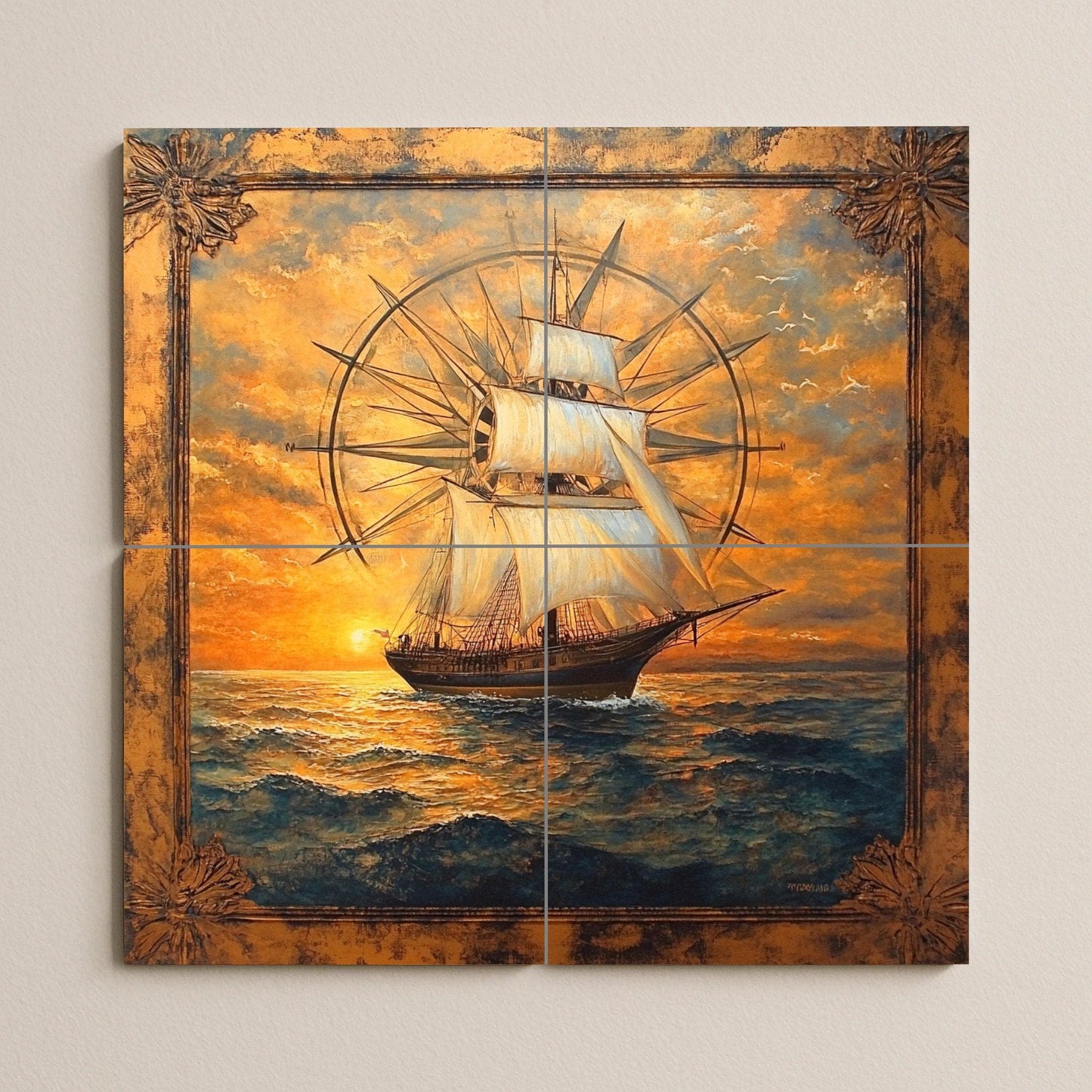 Ceramic wall mural featuring a tall sailboat and compass rose design with ocean waves at golden sunset, nautical sailboat tile art, handmade maritime heritage