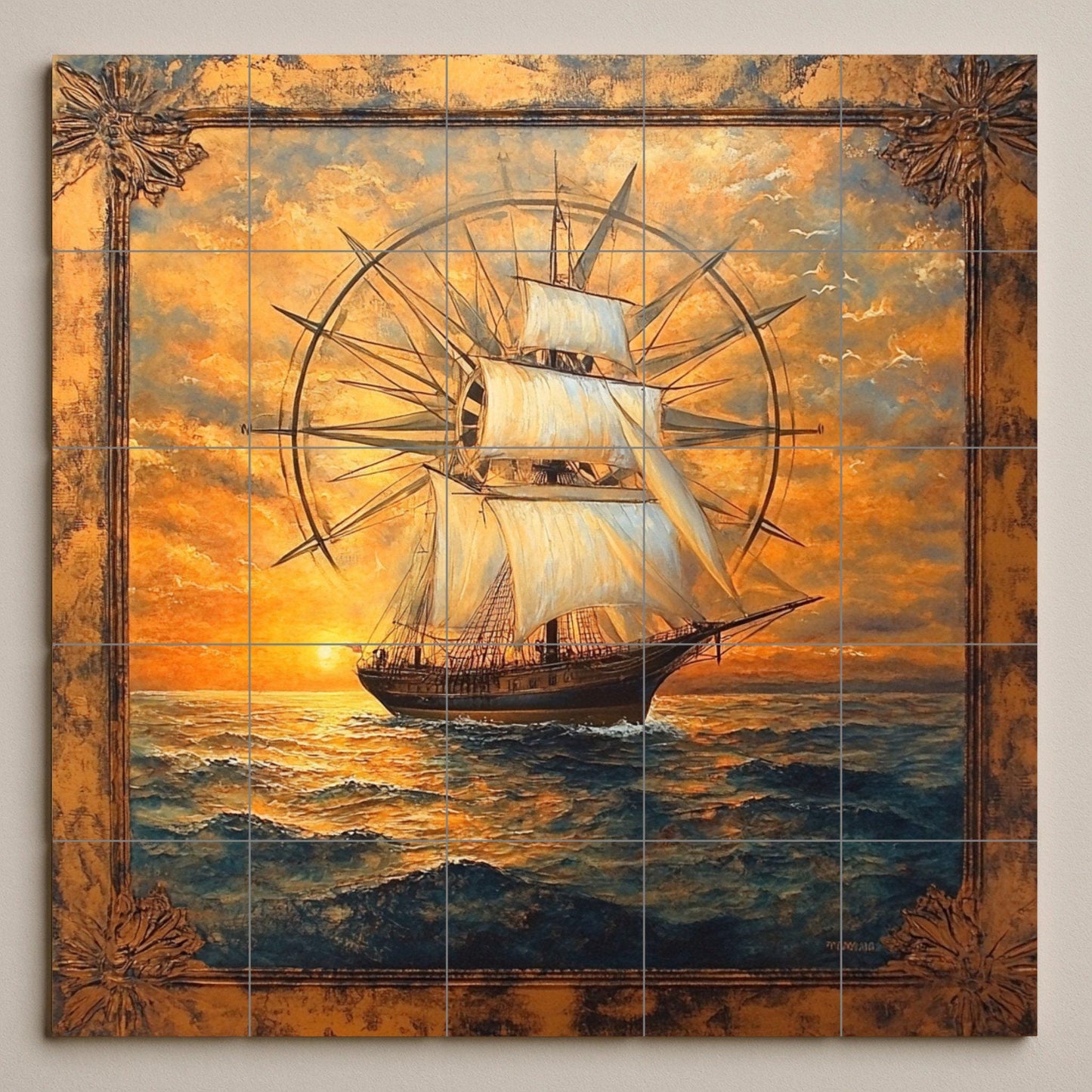 Ceramic wall mural featuring a tall sailboat and compass rose design with ocean waves at golden sunset, nautical sailboat tile art, handmade maritime heritage