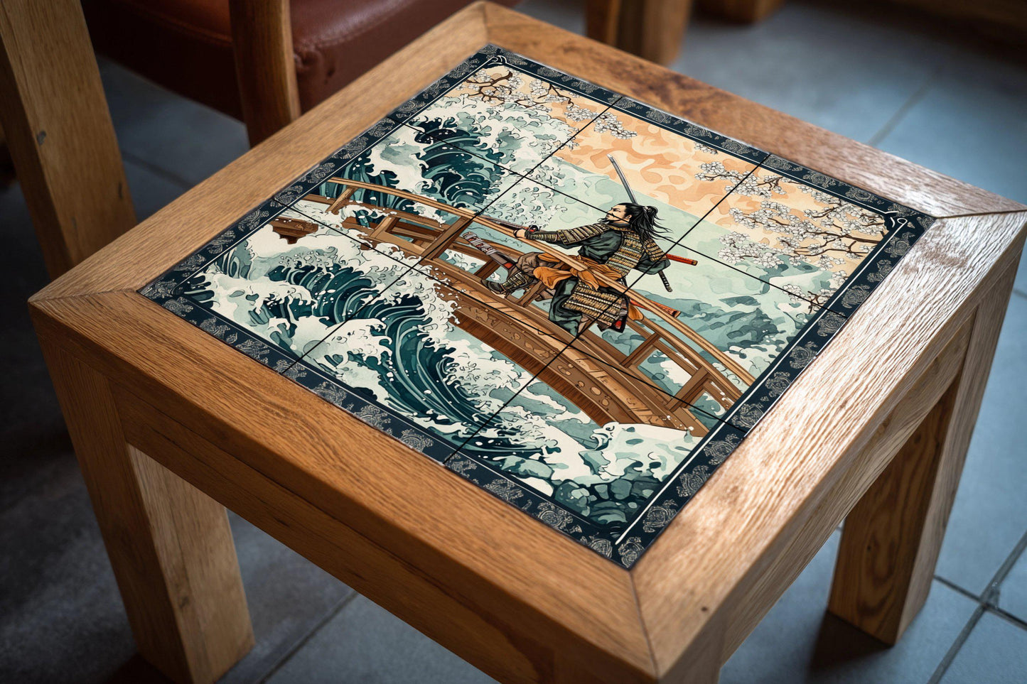 Ceramic wall mural of a samurai warrior with Japanese waves and cherry blossoms, traditional Japanese tile art, handmade cultural oriental decoration