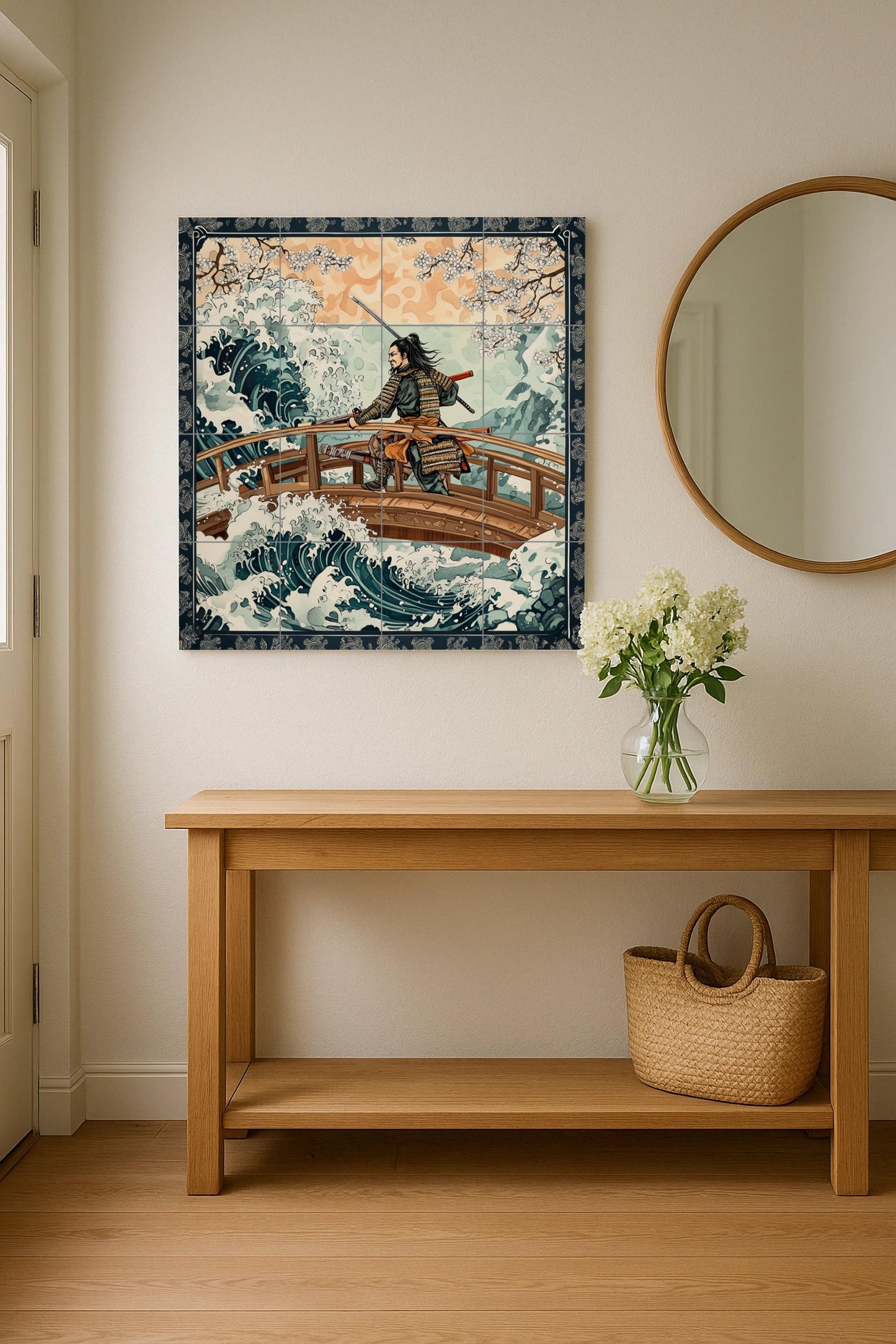 Ceramic wall mural of a samurai warrior with Japanese waves and cherry blossoms, traditional Japanese tile art, handmade cultural oriental decoration