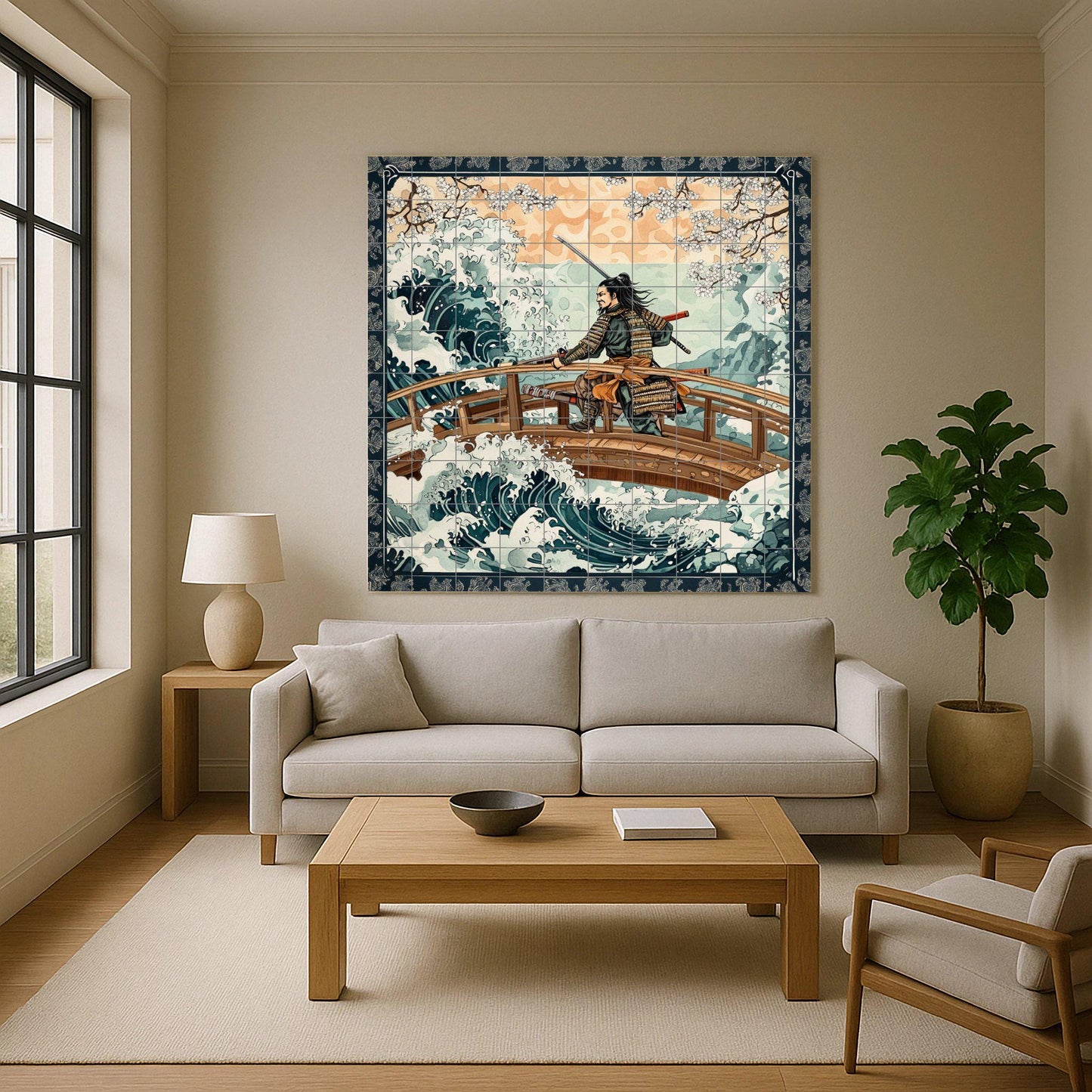 Ceramic wall mural of a samurai warrior with Japanese waves and cherry blossoms, traditional Japanese tile art, handmade cultural oriental decoration