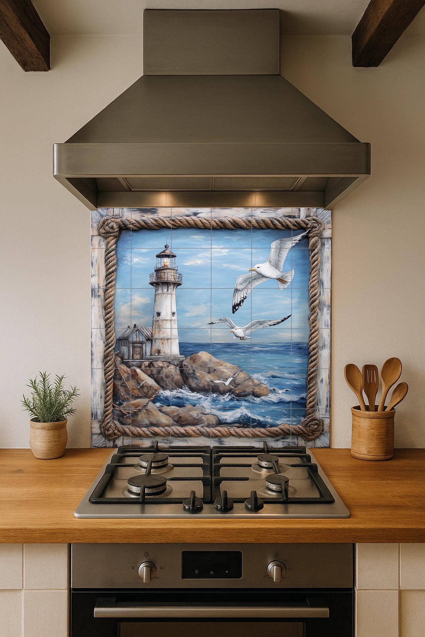 Coastal lighthouse ceramic wall mural with seagulls over ocean waves, nautical art on coastal tiles, handmade maritime coastal decor