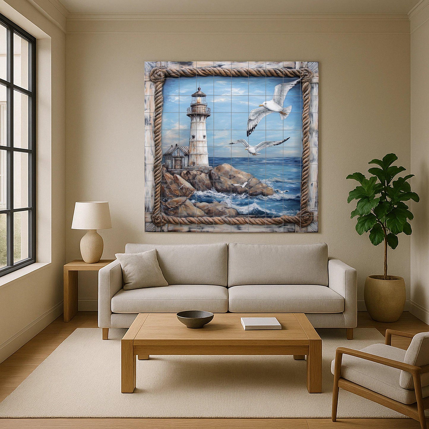 Coastal lighthouse ceramic wall mural with seagulls over ocean waves, nautical art on coastal tiles, handmade maritime coastal decor