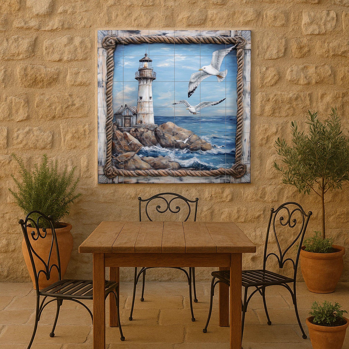 Coastal lighthouse ceramic wall mural with seagulls over ocean waves, nautical art on coastal tiles, handmade maritime coastal decor