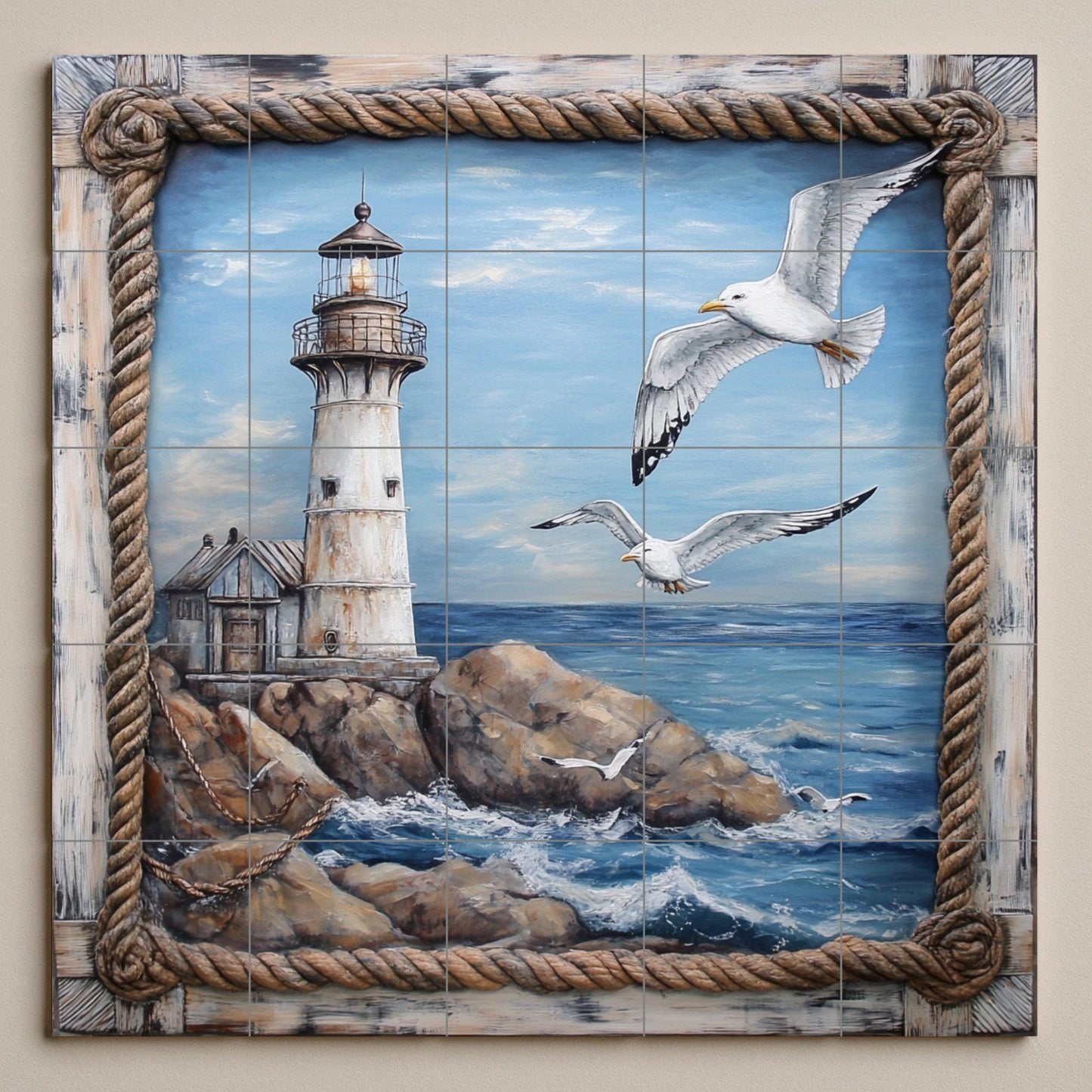 Coastal lighthouse ceramic wall mural with seagulls over ocean waves, nautical art on coastal tiles, handmade maritime coastal decor