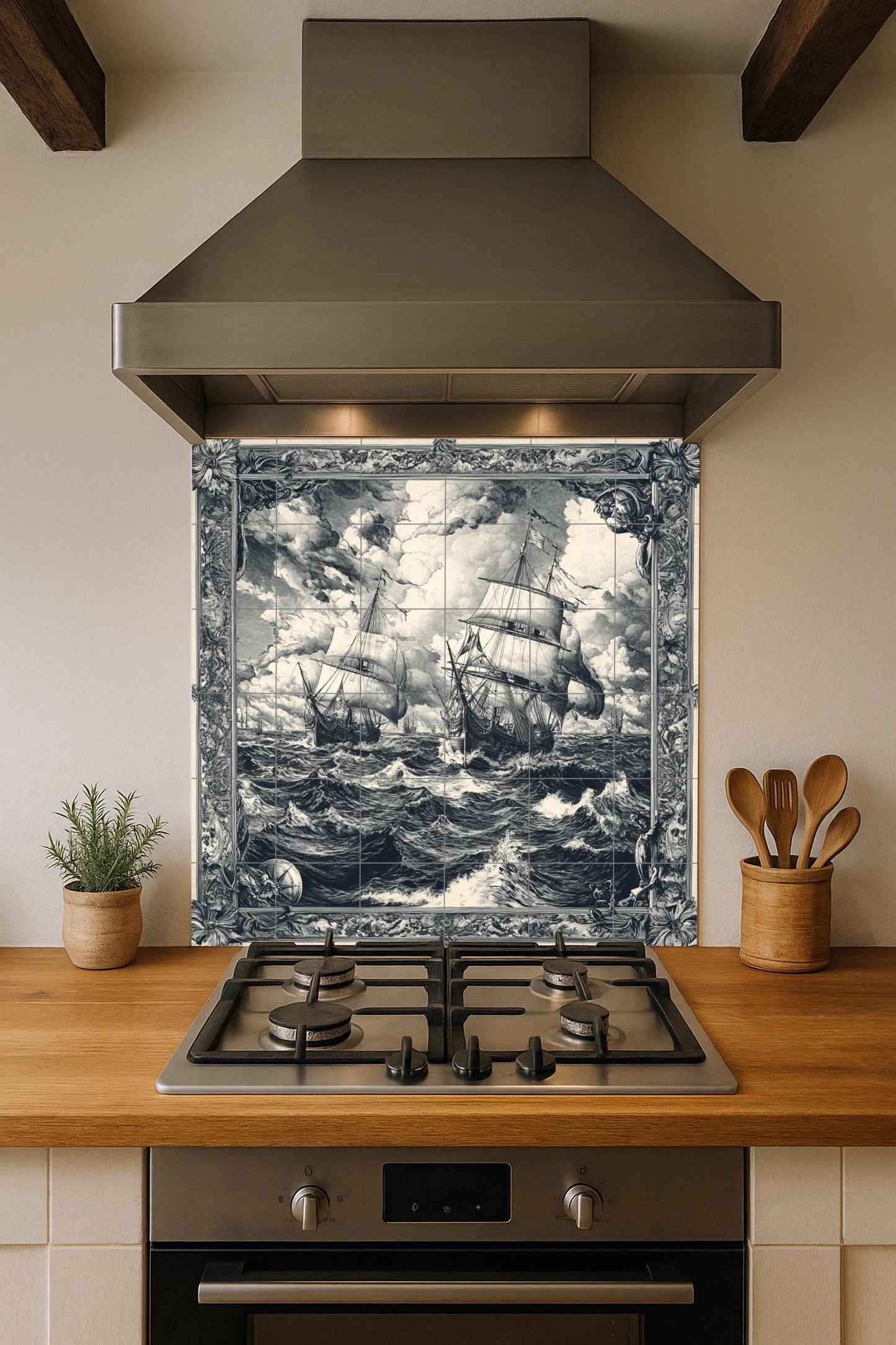 Nautical sailboat ceramic wall mural with stormy waves, vintage sailboat tile art, handmade maritime ocean decor