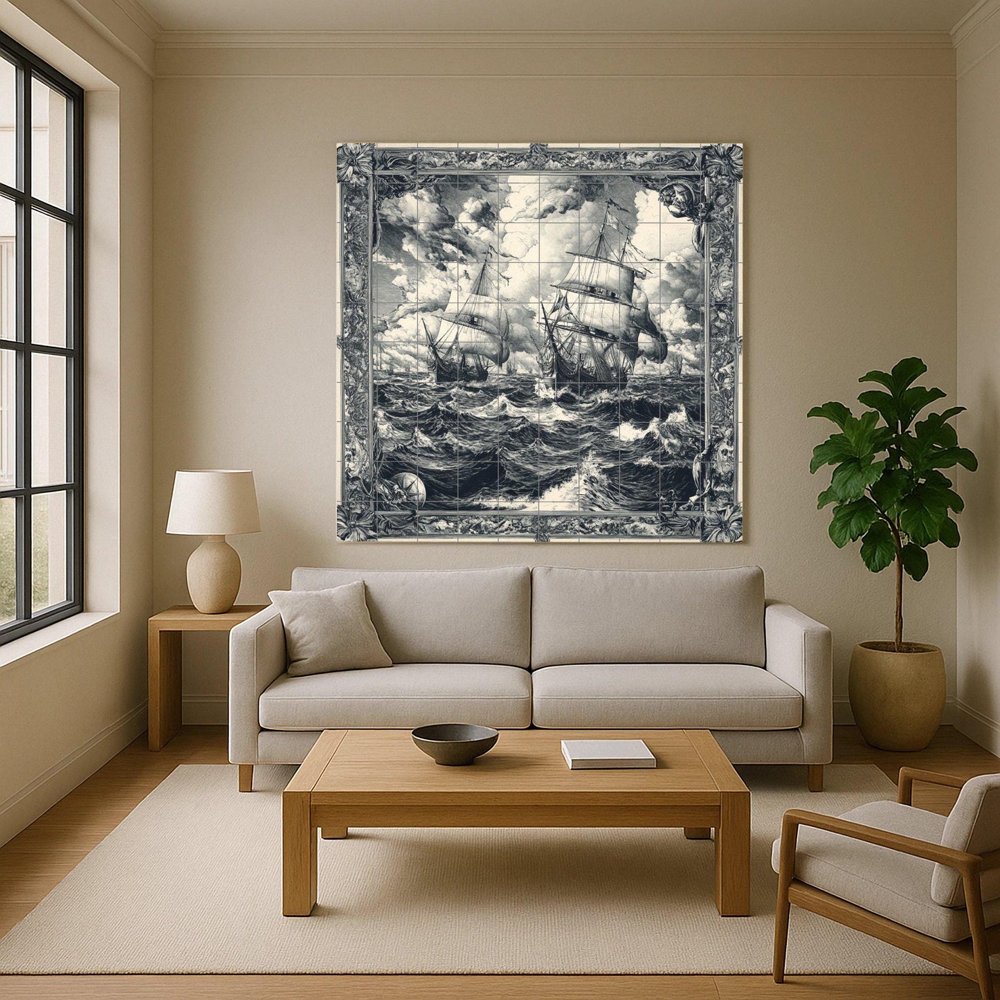 Nautical sailboat ceramic wall mural with stormy waves, vintage sailboat tile art, handmade maritime ocean decor