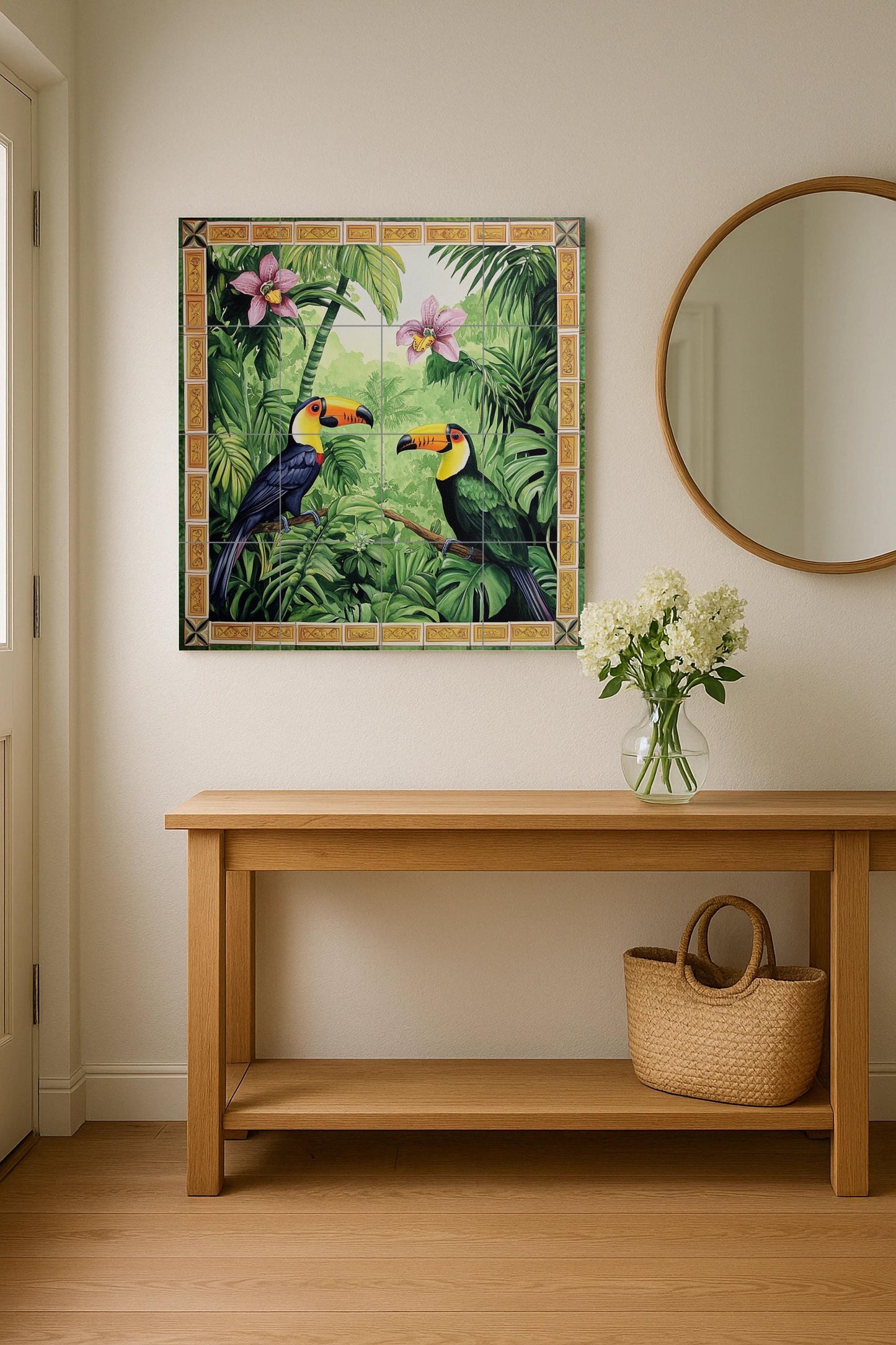 Ceramic wall mural featuring a tropical jungle design of a toucan with rainforest orchids, exotic bird tile art, handmade tropical jungle botanical decor