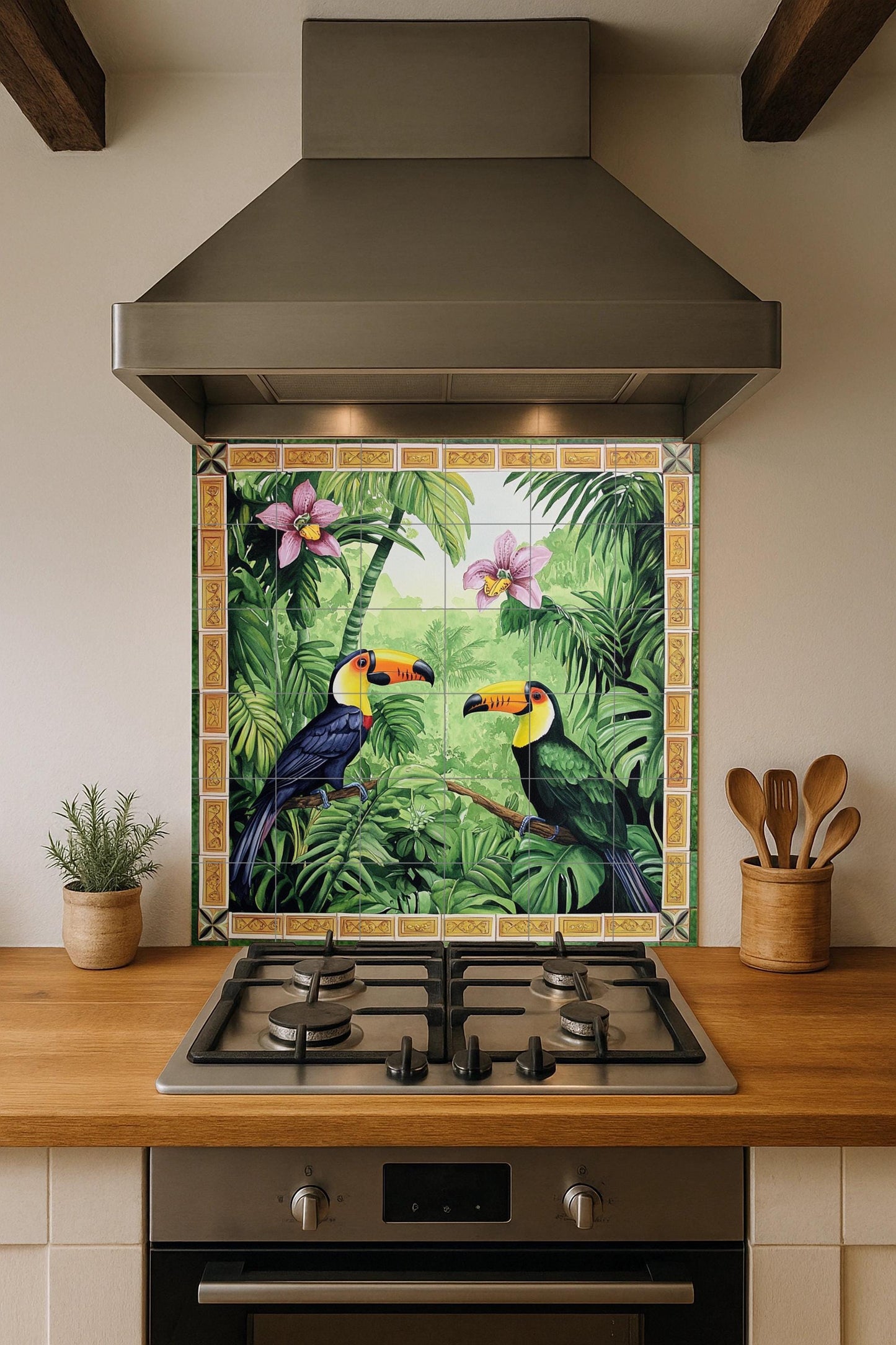 Ceramic wall mural featuring a tropical jungle design of a toucan with rainforest orchids, exotic bird tile art, handmade tropical jungle botanical decor