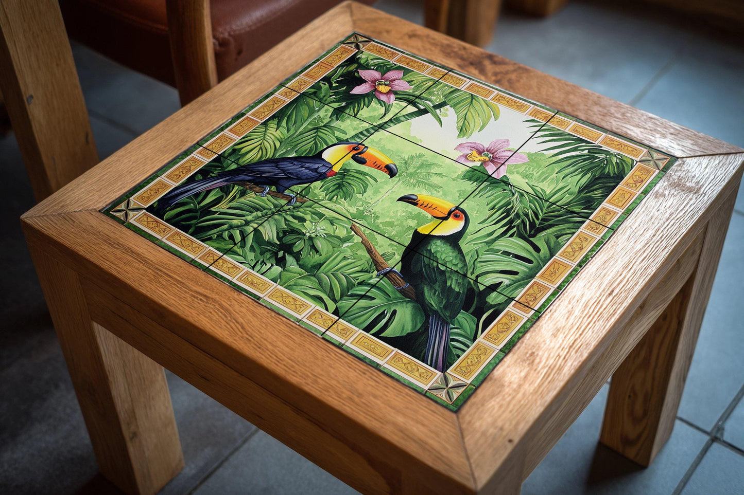 Ceramic wall mural featuring a tropical jungle design of a toucan with rainforest orchids, exotic bird tile art, handmade tropical jungle botanical decor