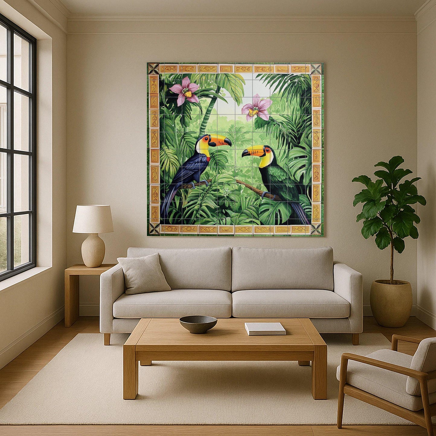 Ceramic wall mural featuring a tropical jungle design of a toucan with rainforest orchids, exotic bird tile art, handmade tropical jungle botanical decor