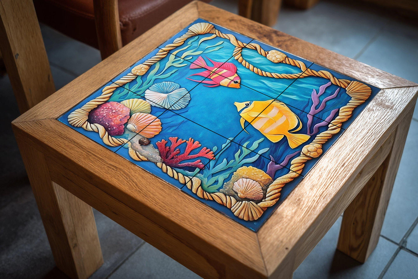 Underwater tile mural with colorful fish, shells, and a coral frame. Handmade coastal art for kitchen and patio.