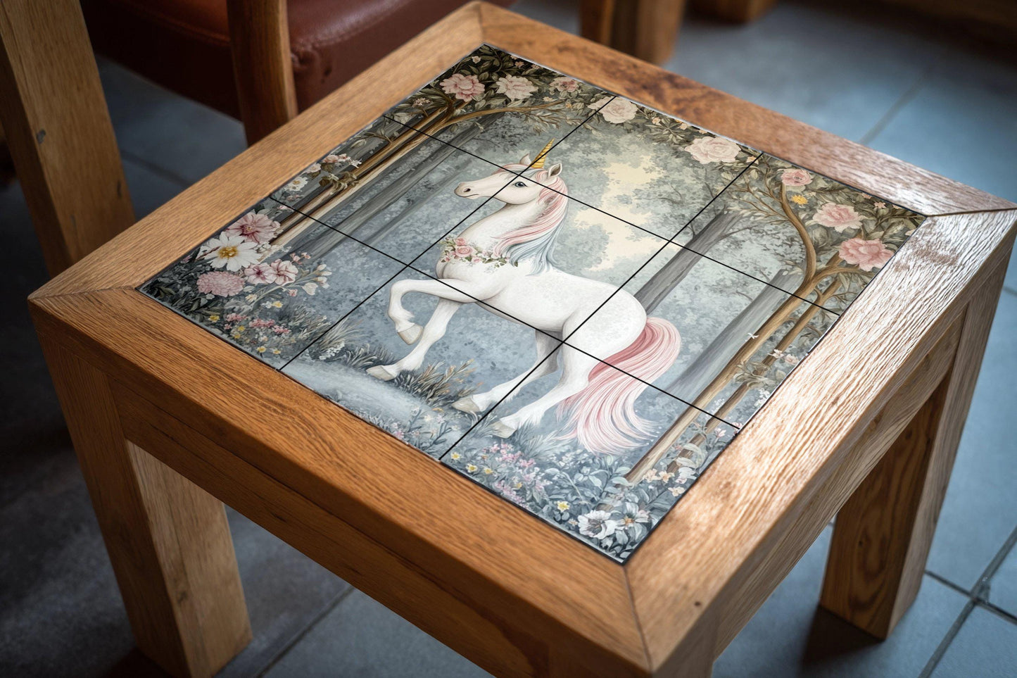 Enchanted Unicorn Tile Mural: Fantasy wall art, fairy tale ceramic decor, a rustic and whimsical touch for interiors.