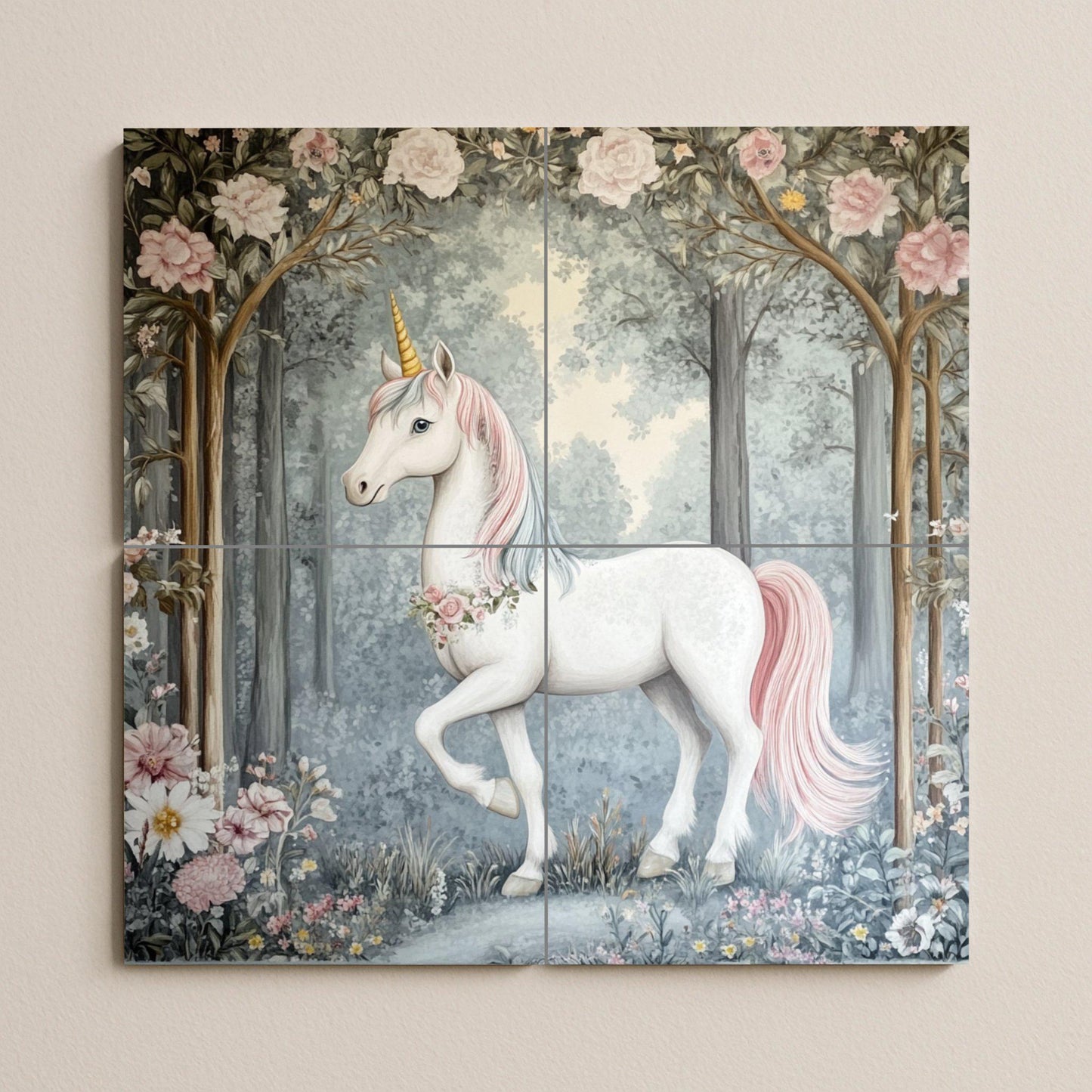 Enchanted Unicorn Tile Mural: Fantasy wall art, fairy tale ceramic decor, a rustic and whimsical touch for interiors.