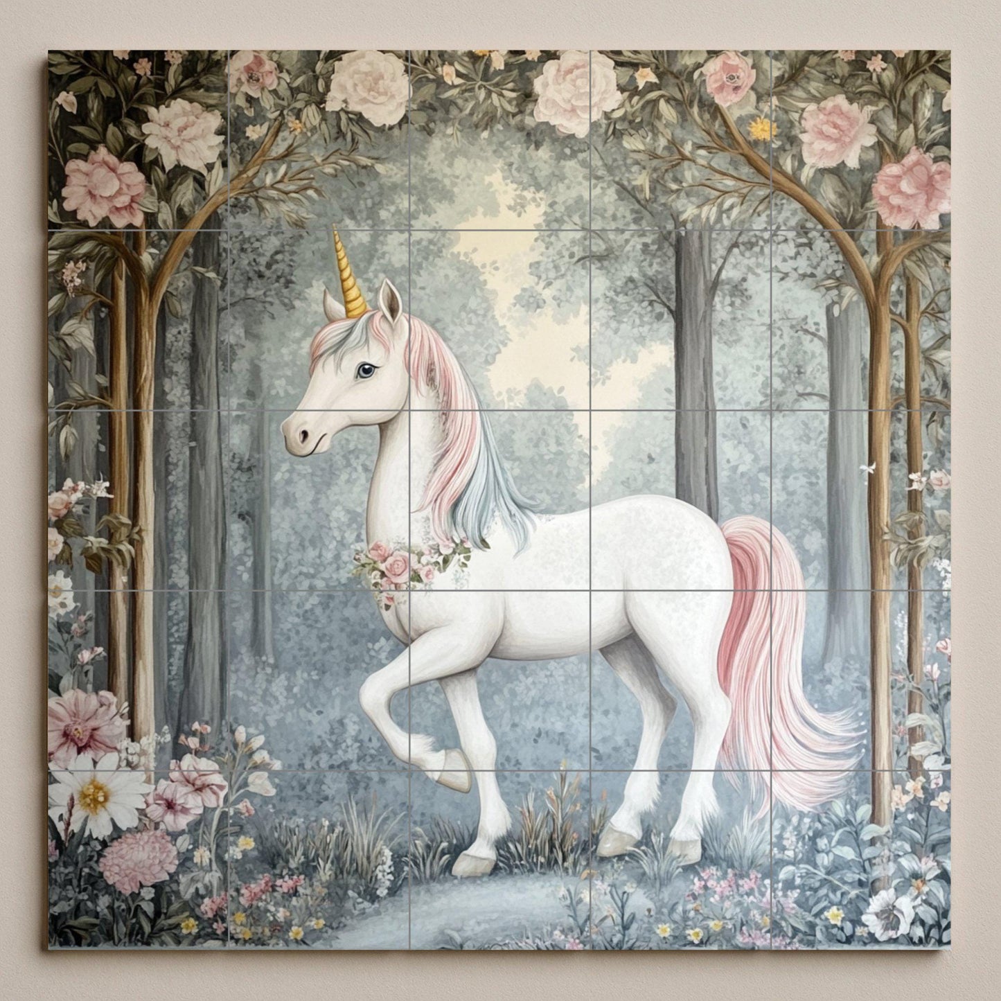 Enchanted Unicorn Tile Mural: Fantasy wall art, fairy tale ceramic decor, a rustic and whimsical touch for interiors.