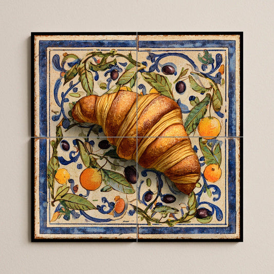 Mediterranean ceramic tile mural with croissant design: rustic handcrafted art for kitchen wall, ceramic decor with a touch of European cafe culture