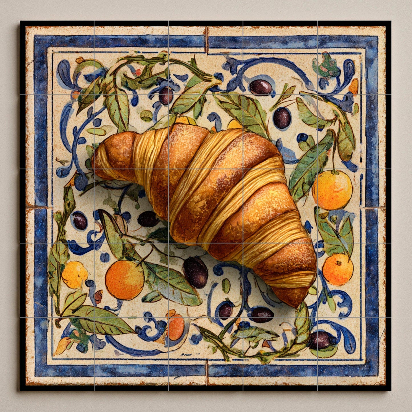 Mediterranean ceramic tile mural with croissant design: rustic handcrafted art for kitchen wall, ceramic decor with a touch of European cafe culture