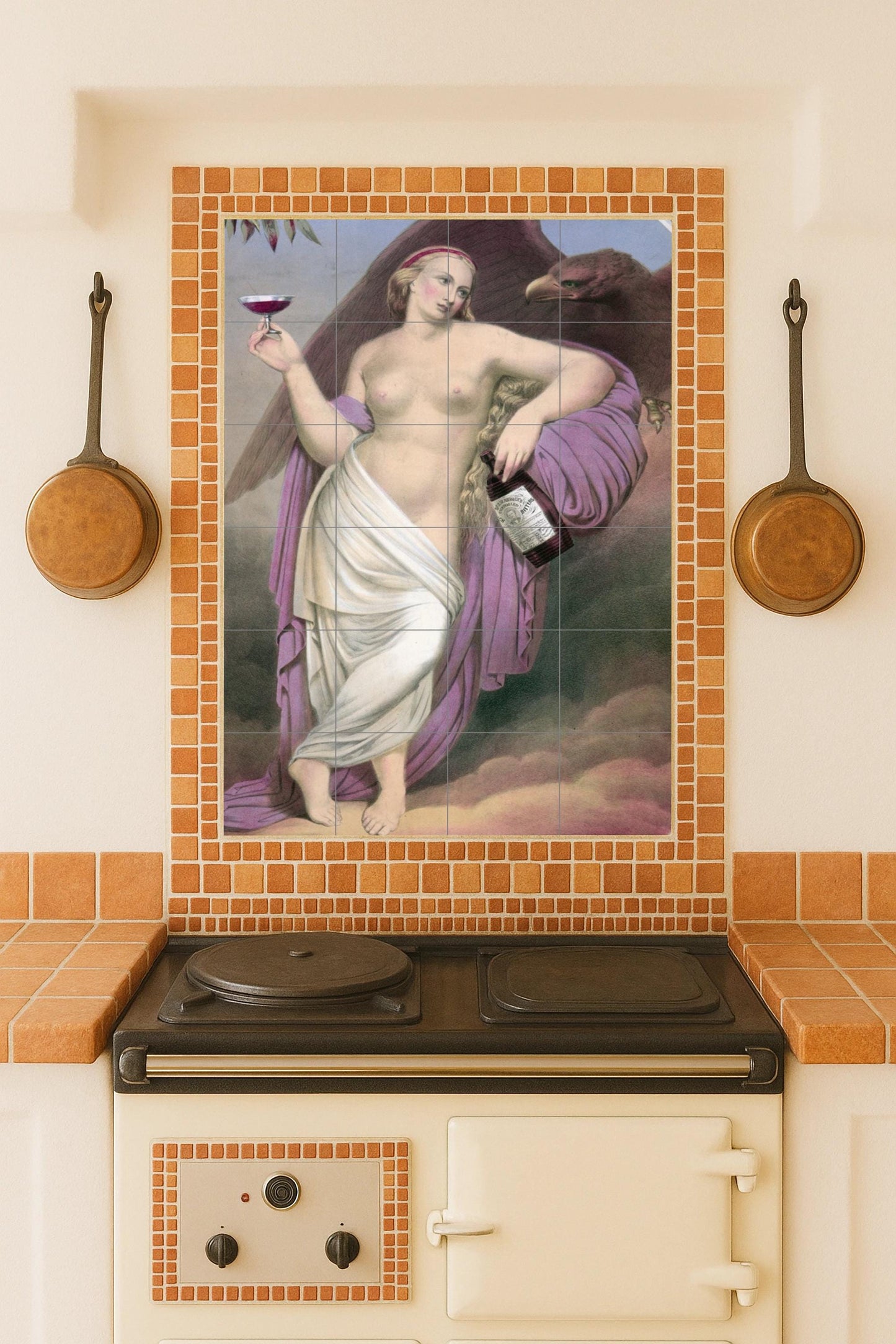 Mythical Elegance – Classic Ceramic Mural of a Woman with Chalice and Eagle / Allegorical Wall Art for Refined Interiors