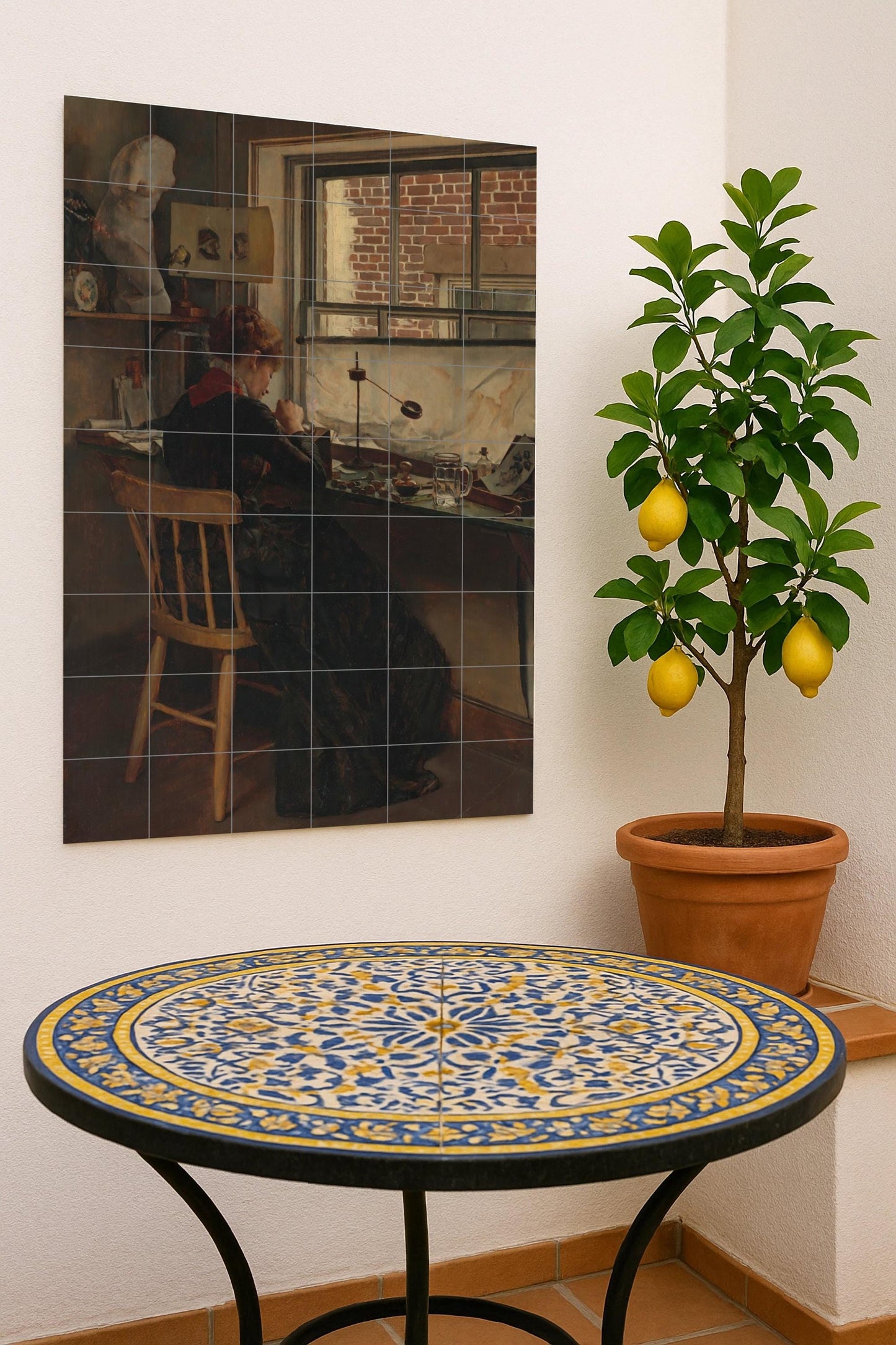 The Studio – Ceramic mural of a woman by the window / Artistic and serene mural art for creative and welcoming interiors