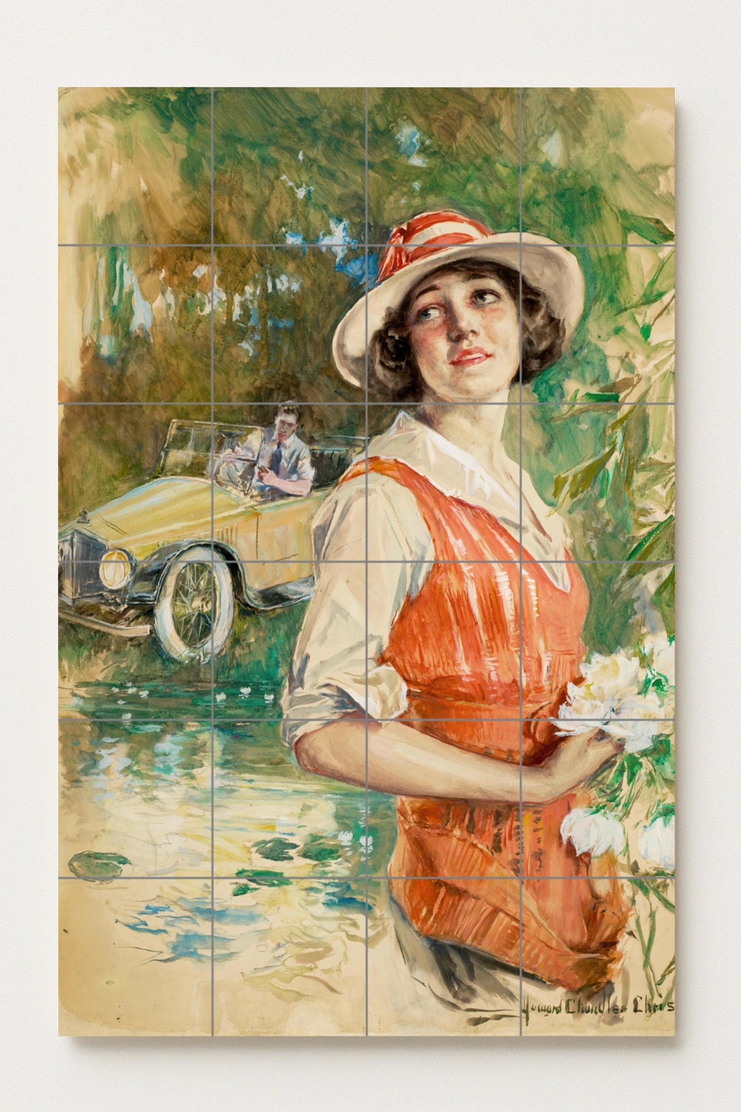 Romantic summer scene: Vintage ceramic mural of a lady and a car / Timeless retro wall art with elegance and color