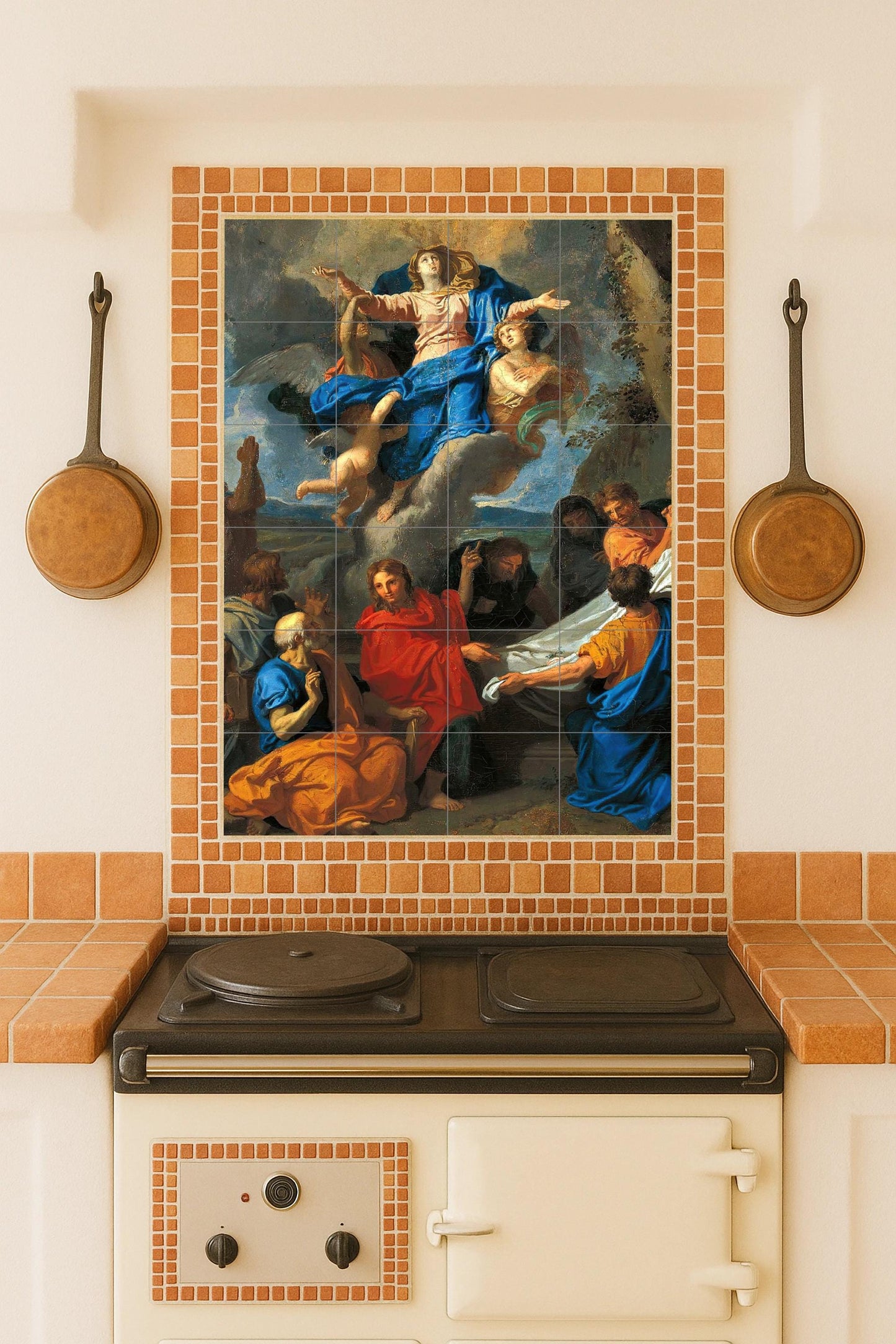 Assumption of the Virgin Mary – Ceramic mural of Heavenly Glory / Baroque religious mural art with angels and apostles