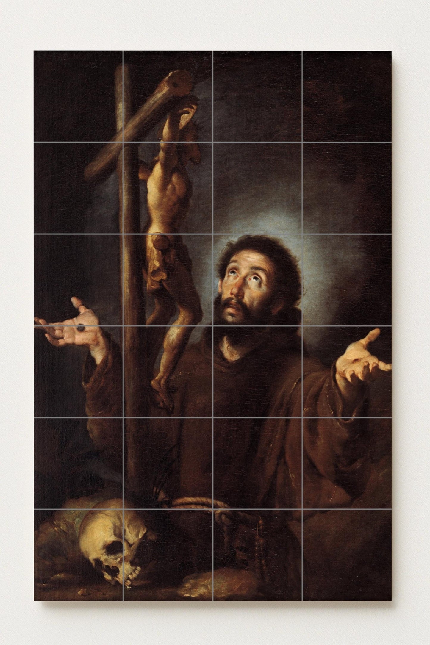 Saint Francis of Assisi – Catholic ceramic mural of the saint in prayer before the cross / Classic religious mural art of faith and humility
