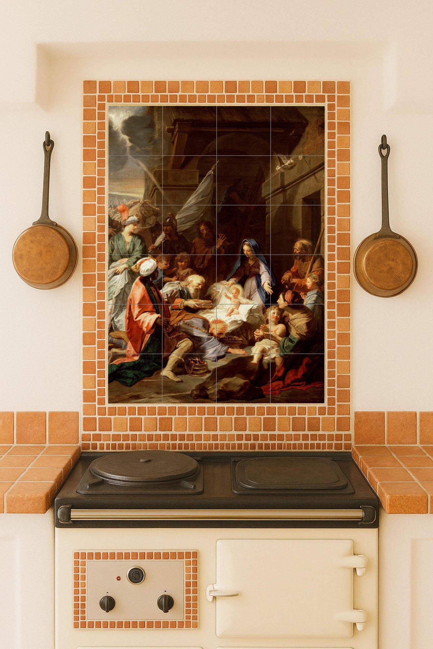 Adoration of the Magi – Religious ceramic mural of the Three Wise Men and the Holy Family / Classic Christian mural art of the Nativity scene