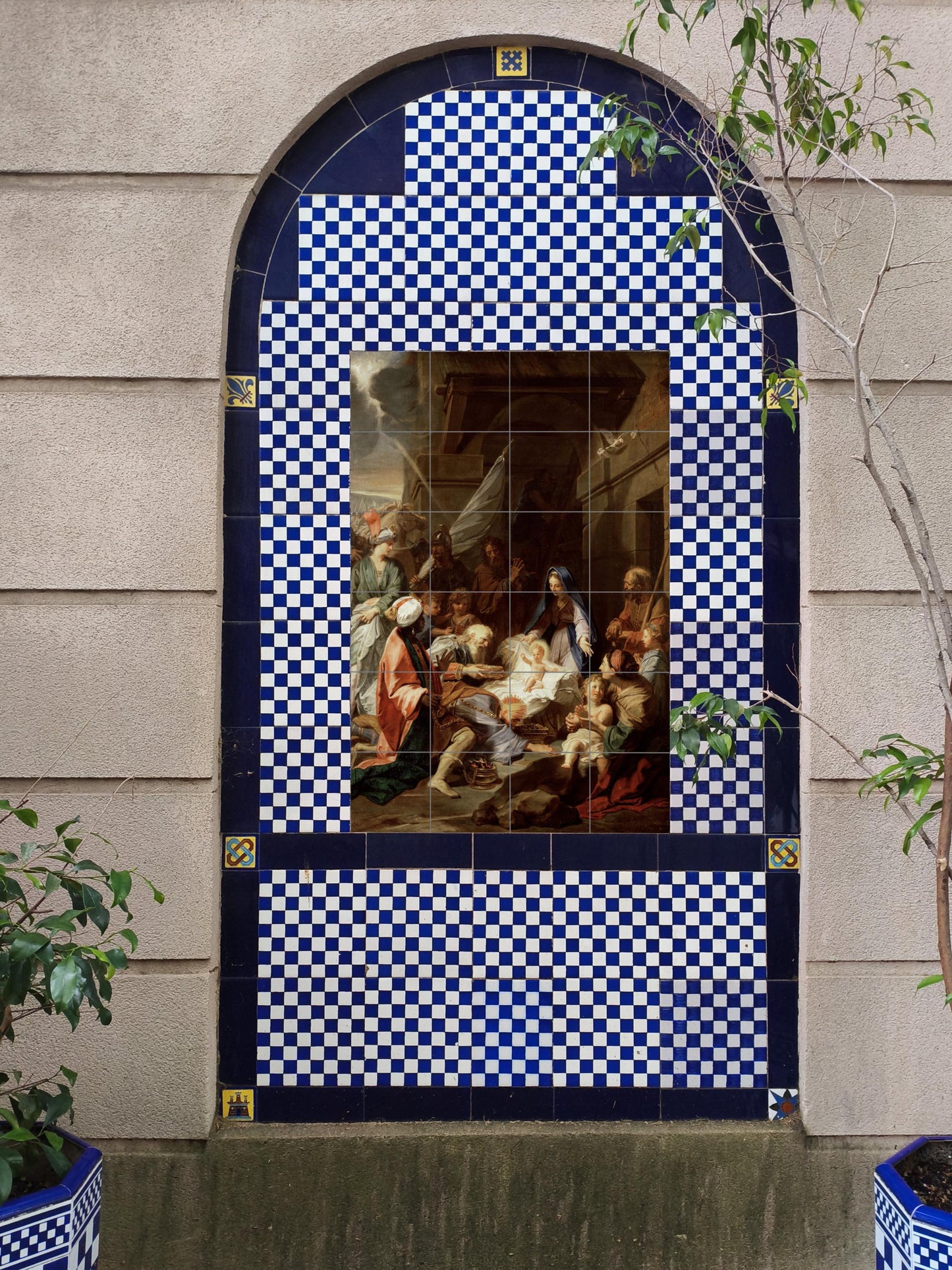 Adoration of the Magi – Religious ceramic mural of the Three Wise Men and the Holy Family / Classic Christian mural art of the Nativity scene