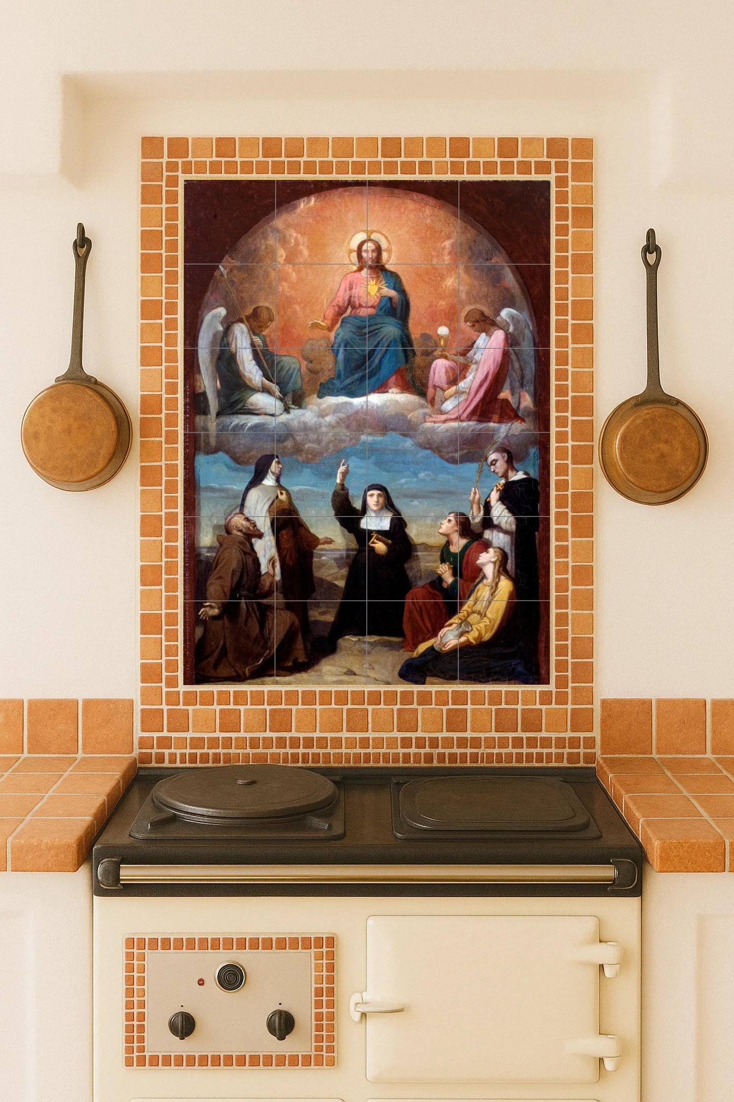 Sacred Heart of Jesus in Glory – Religious Ceramic Mural with Angels and Saints / Classic Christian Wall Art of Divine Light and Faith