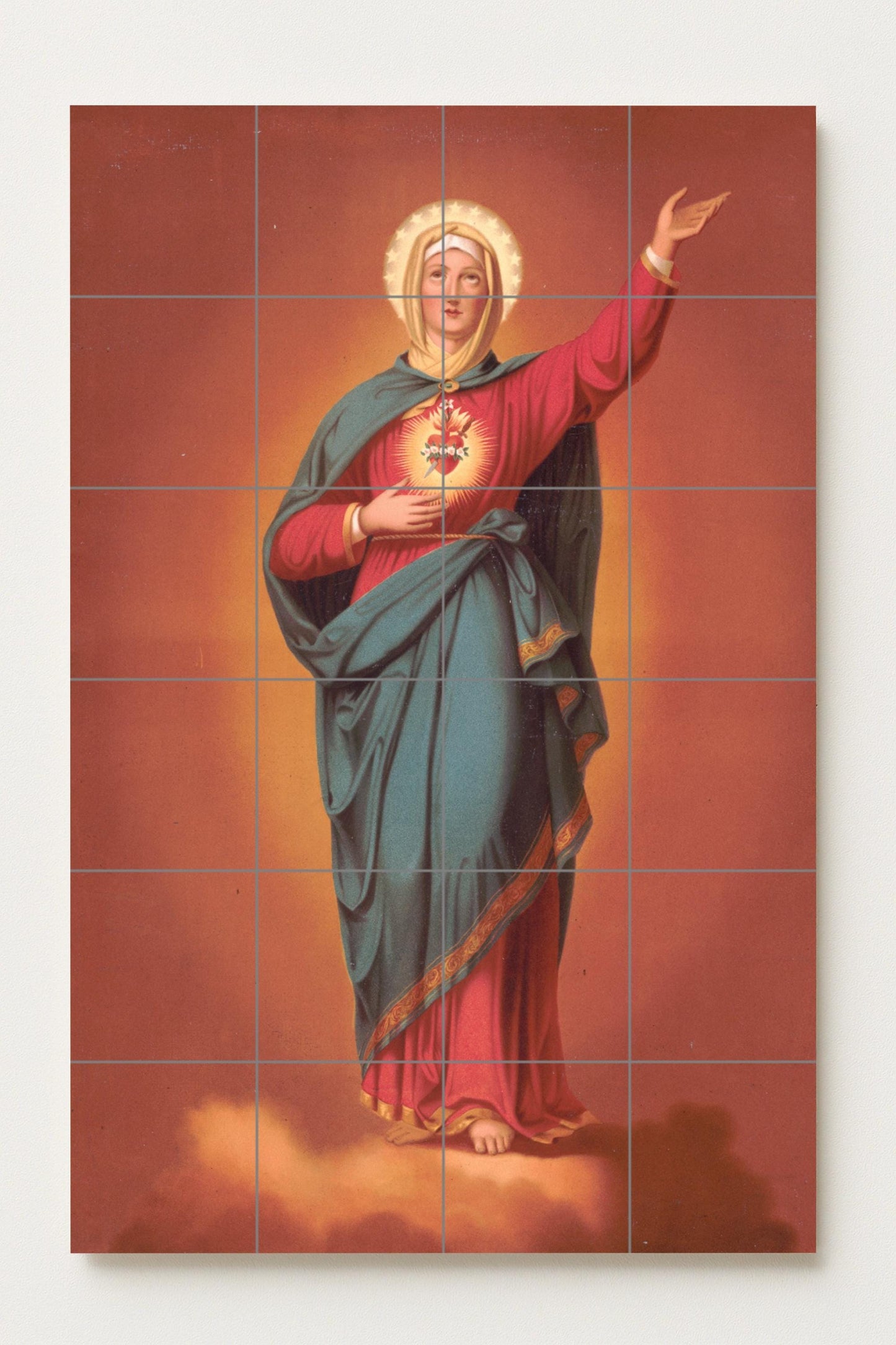 Immaculate Heart of Mary – Classic Style Ceramic Religious Mural / Sacred Christian Wall Art with Halo and Radiant Light